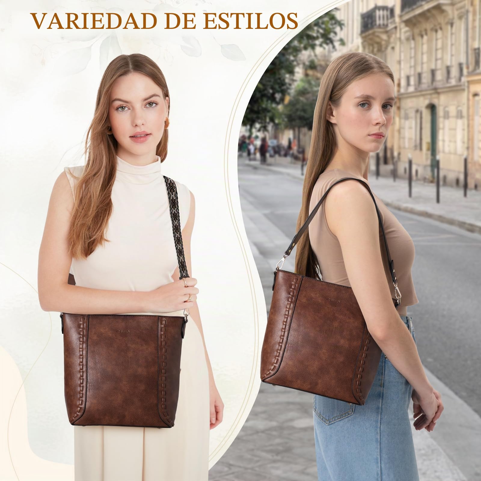 RAVUO Bolso Bandolera Mujer, Grande Bolso Cuero Mujer Bolso Hombro de Piel con 2 Correas Ajustable Crossbody Bag Bolso Shopper para Diario Viaje