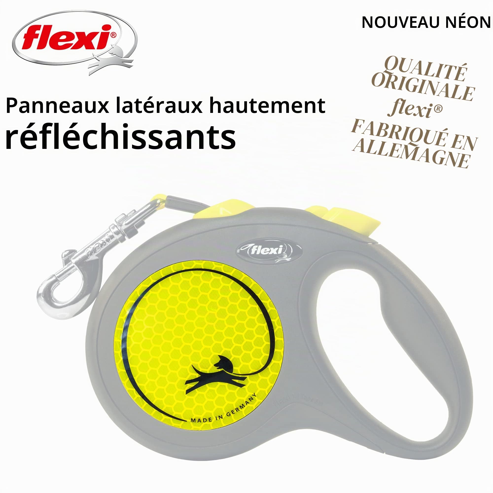 Flexi Laisse néon pour Chien avec Bande réfléchissante, Ergonomique, Durable et sans nœuds, 4,9 m, Taille L, Couleur Fluo/Noir