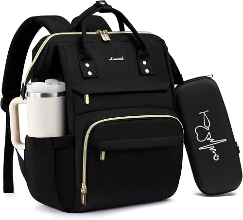 LOVEVOOK Laptop Backpack for Women with Giant Tumbler Holder Pocket, 15.6 inch Nurse Bag with Stethoscope Case, Waterproof Work College Teacher Travel Backpack, Black