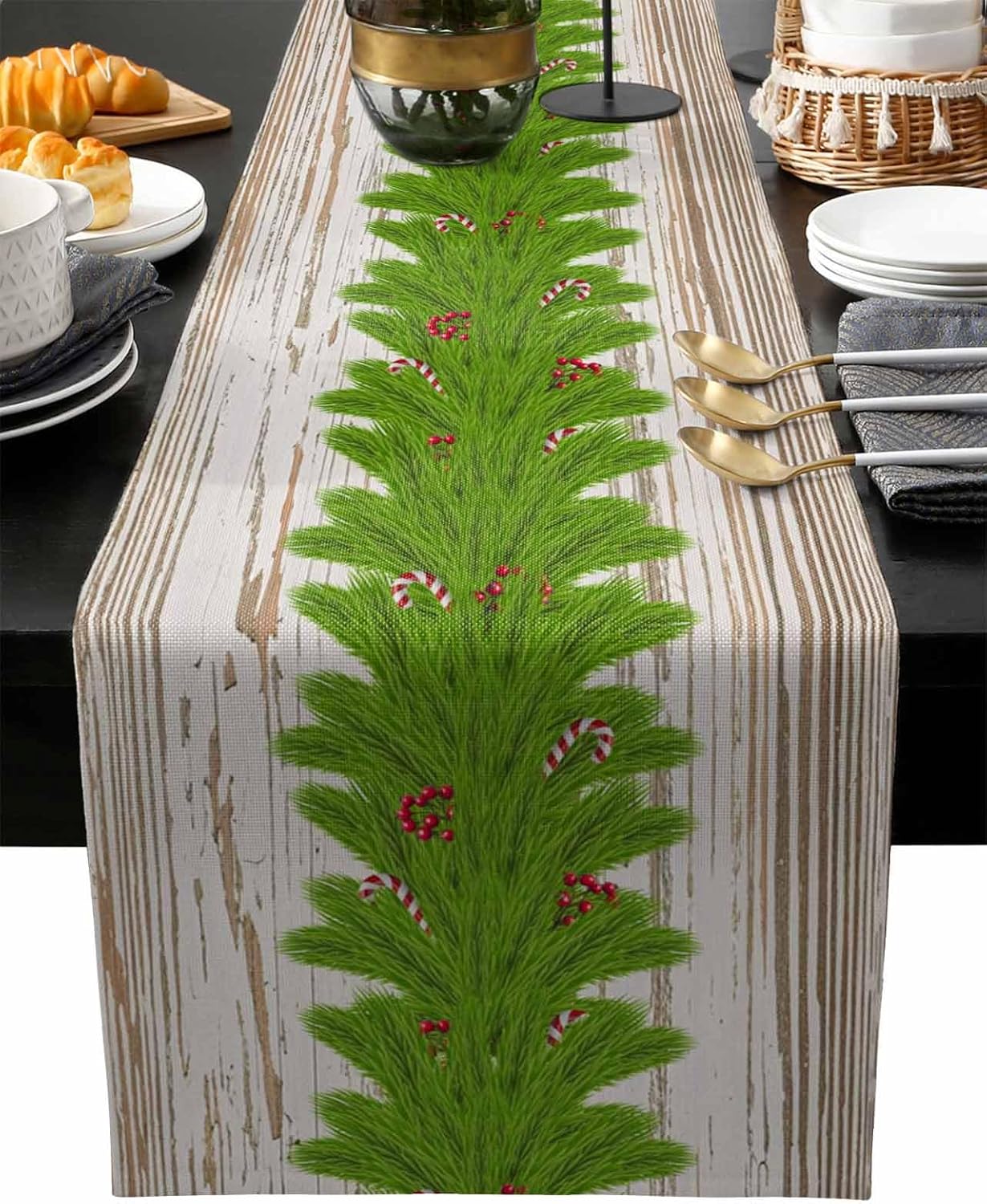 Christmas Pine Branch Table Runners Burlap-Cotton Runner 120 Inche Long, Winter Holiday Xmas Garland Farmhouse Rustic Table Runners, Outdoor Dining Tablecloths Decor for Party/Wedding 13x120