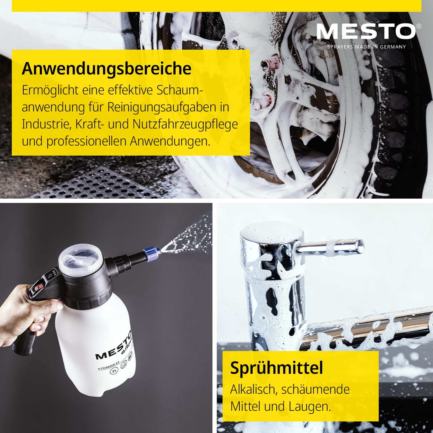 MESTO e.FOAMER E2 Akku-Schaumsprüher 2 L | Elektrischer Schaumsprüher für Auto & Reinigung | Foam Sprayer 1,5 Bar | Schaum Sprühflasche für leicht alkalische Flüssigkeiten & Laugen | inkl. USB-C Kabel