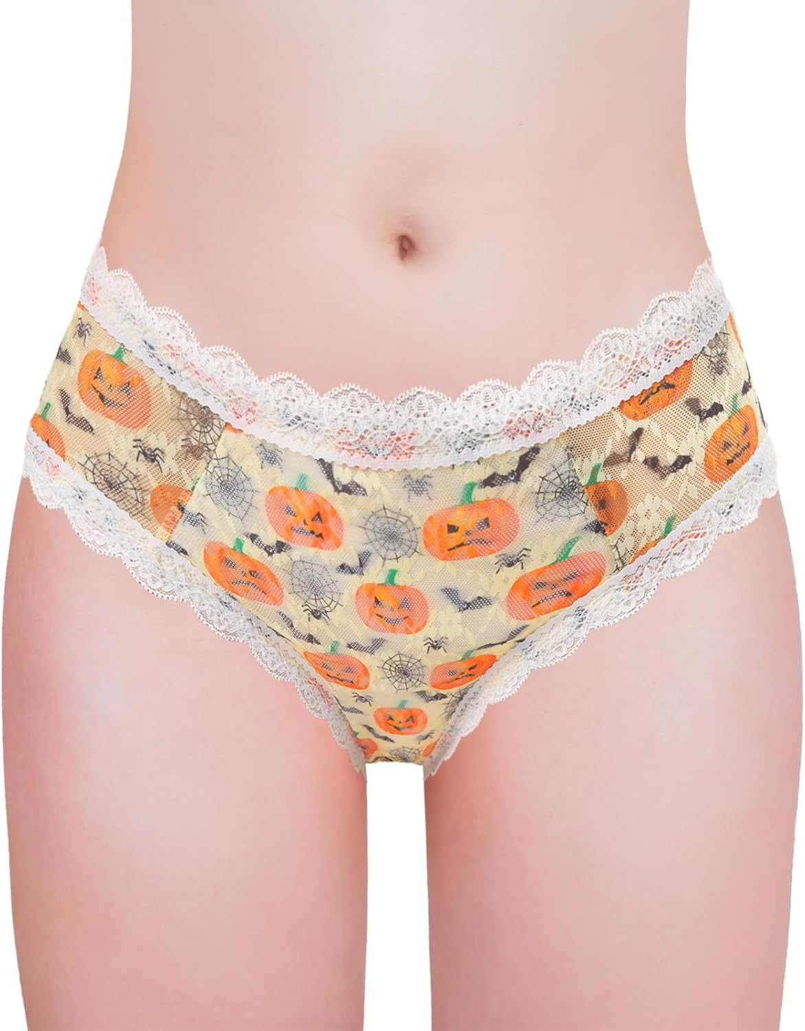 Littleforbig Unisex Hipster Lace Briefs Pumpkin Lamps Pattern Cheeky Bow Panties Mesh Shaping Tucking Gaff Briefs - Image 3