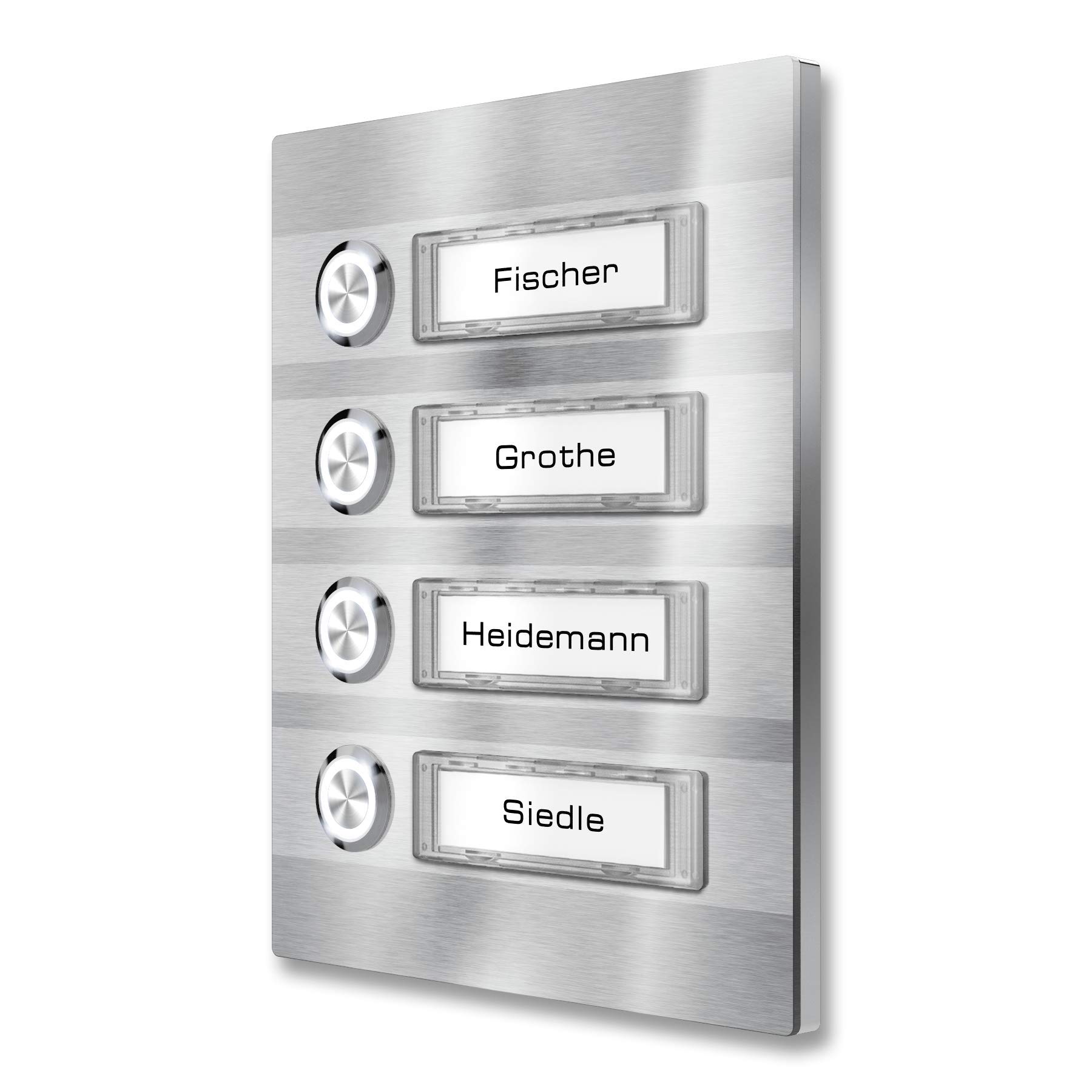 Metzler campanello da parete acciaio inox V2A 4 pulsanti targhette nome intercambiabili illuminazione LED opzionale montaggio a muro design moderno resistente alle intemperie casa condominio