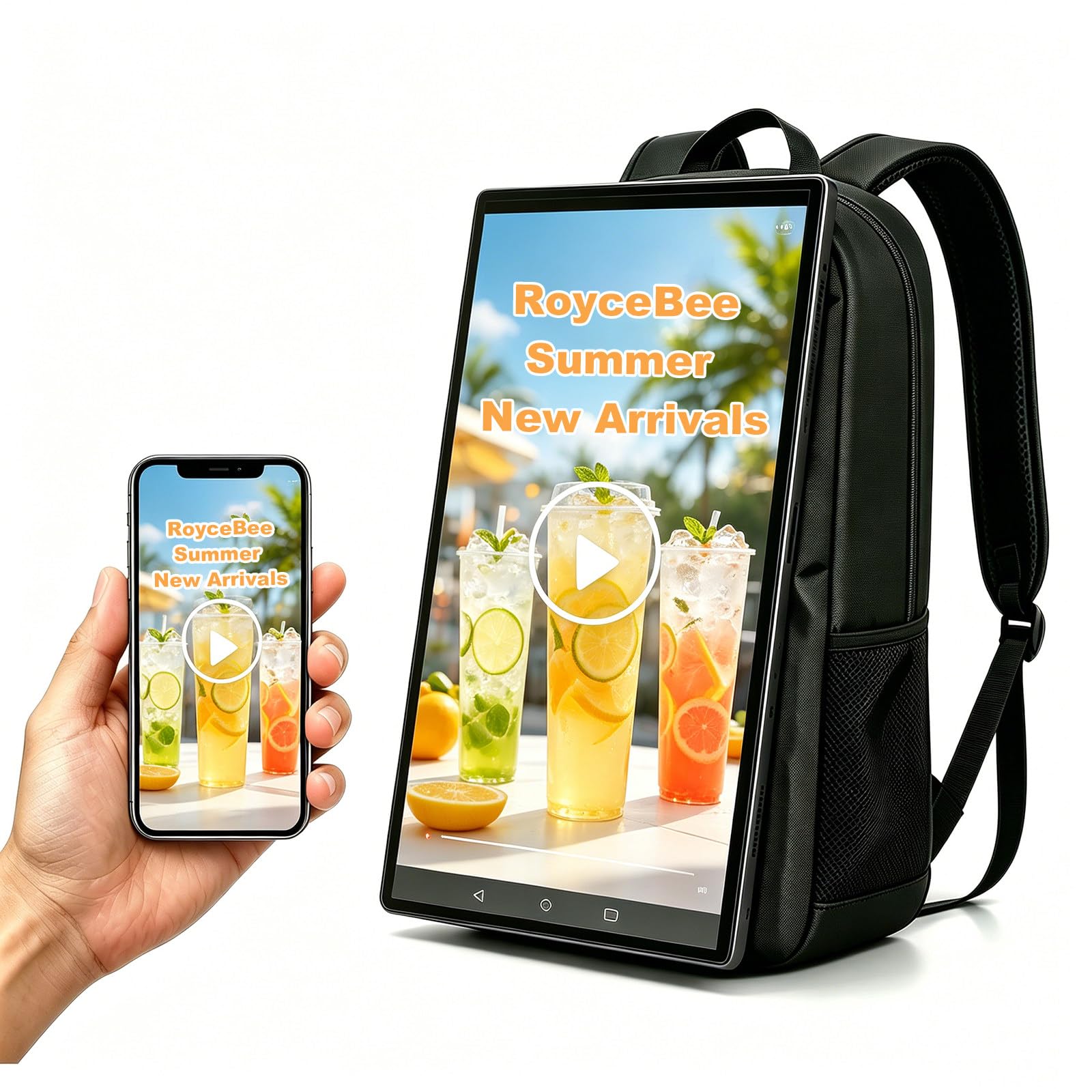 RoyceBee 21.5" IP65 Waterproof Advertising Backpack, 1000nits High Brightness LCD Digital Signage Backpack, Human Walking Backpacks Digital Billboard with USB/App/CMS Input for Auto ADs Playback