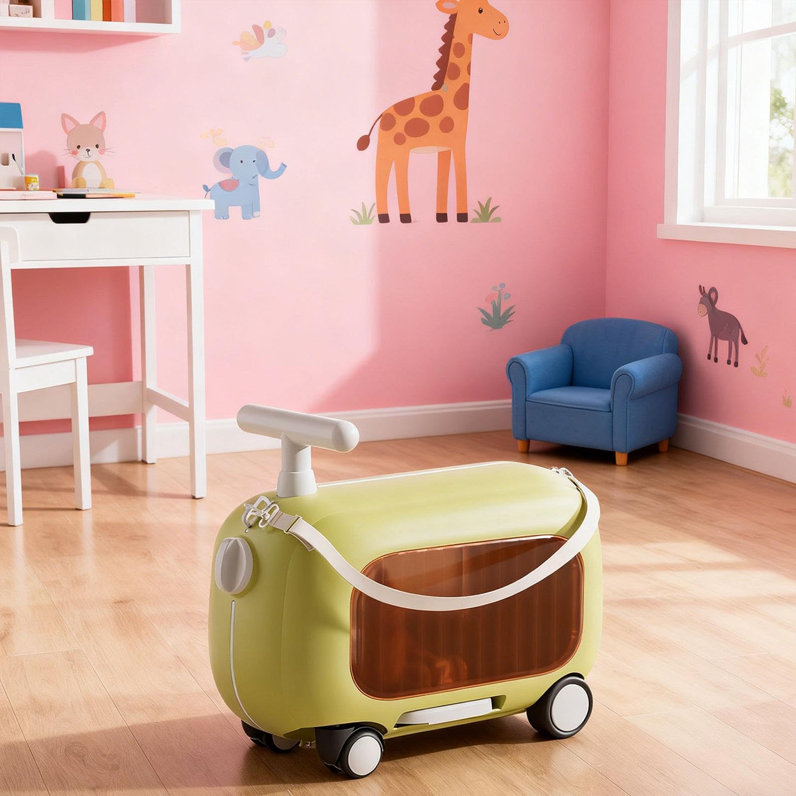 Valigia Da Cabina per Bambini con Seduta Integrata con Ruote Cinghia Regolabile E Scomparto Trasparente Adatto per Aereo con, Verde