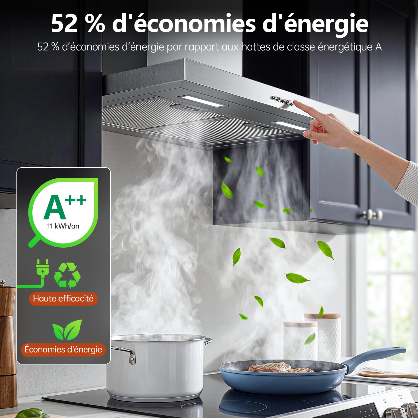 TopStrong Hotte Aspirante 60cm Murale, 450 m³/h Hotte Design T, 3 Vitesses Mécanique, Moteur Brushless A++, Inox 430, LED, Hotte Sans Évacuation & Évacuation