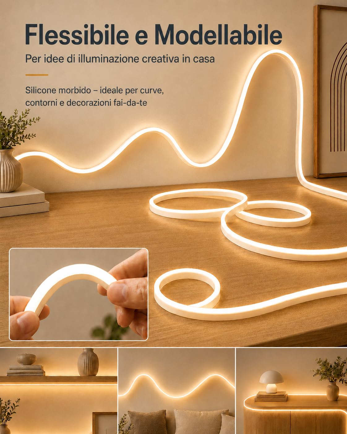 Meevt Striscia LED Neon 15M, 24V Strisce LED Bianco Caldo 3000K Esterno | 120LEDs/m, IP65, Silicone Flessibile, Dimmer Rotativo, Pieghevole a 360°, Luci LED Terrazza Giardino Recinzione Esterno