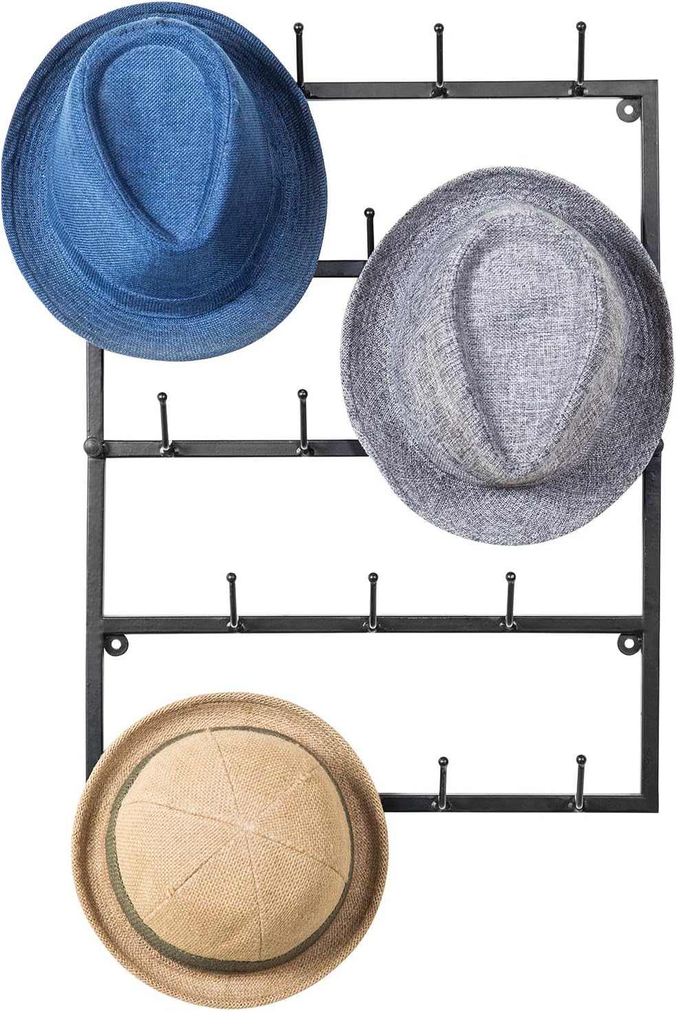 MyGift 5 Tier Modern Matte Black Metal Hat Rack for Wall, Entryway Organizer Hat, Scarves, Key Holder Hanger with 18 Hooks
