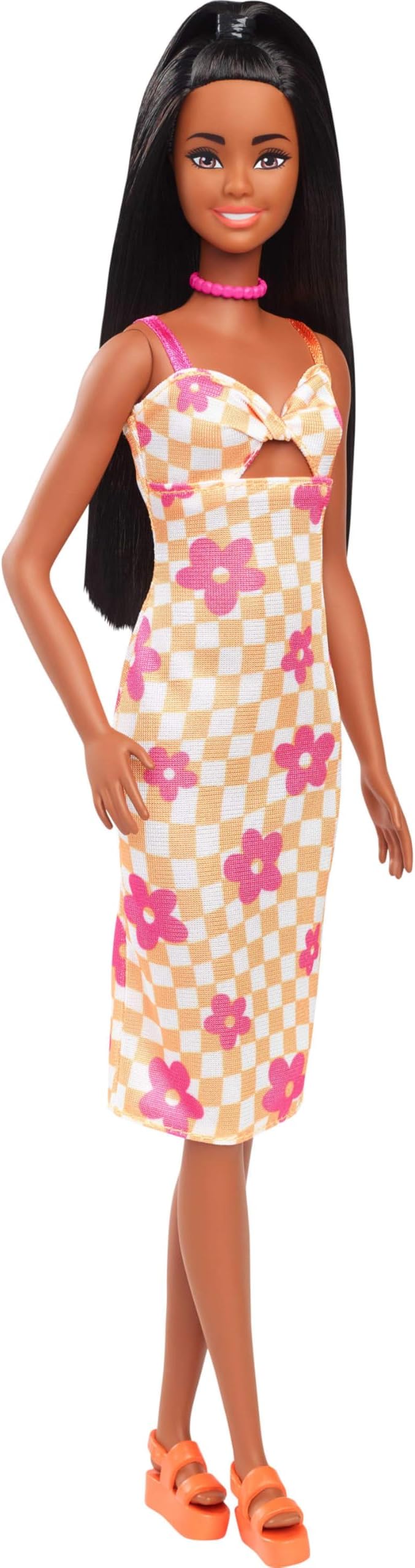 Fashionistas Doll #233 with Black Hair, Wearing Checkered Orange and Pink Flower Midi Dress with Necklace and Sandals, HYT91