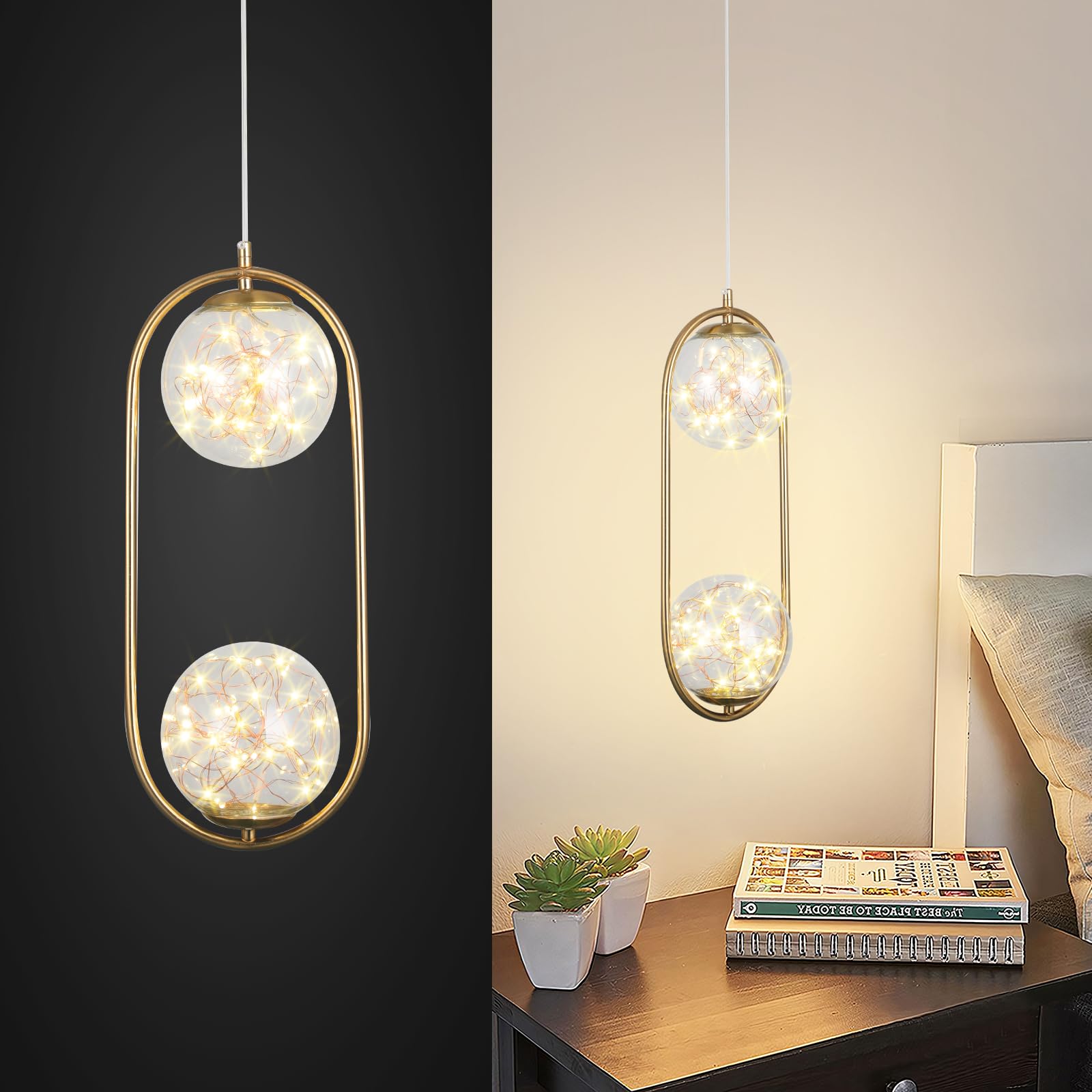 YATAI Modern Oval Pendant Light with Two Clear Glass Globes, Gold Frame LED Hanging Chandelier, Adjustable Height Pendant Lamp for Bedroom, Dining Room, Kitchen Island, Bar, Living Room