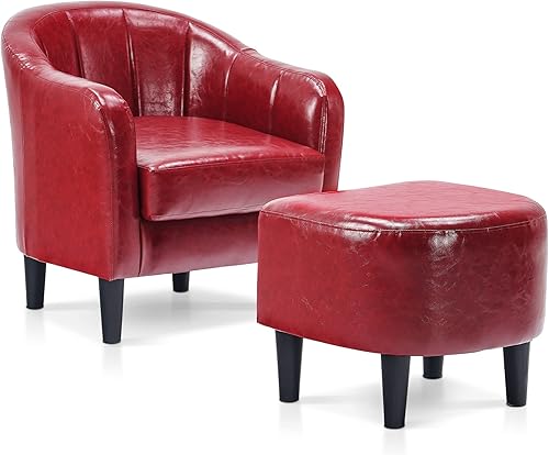 MCombo Modern Accent - Silla de club con otomana, sillón de piel sintética, para sala de estar, espacio pequeño 4022 (borgoña)