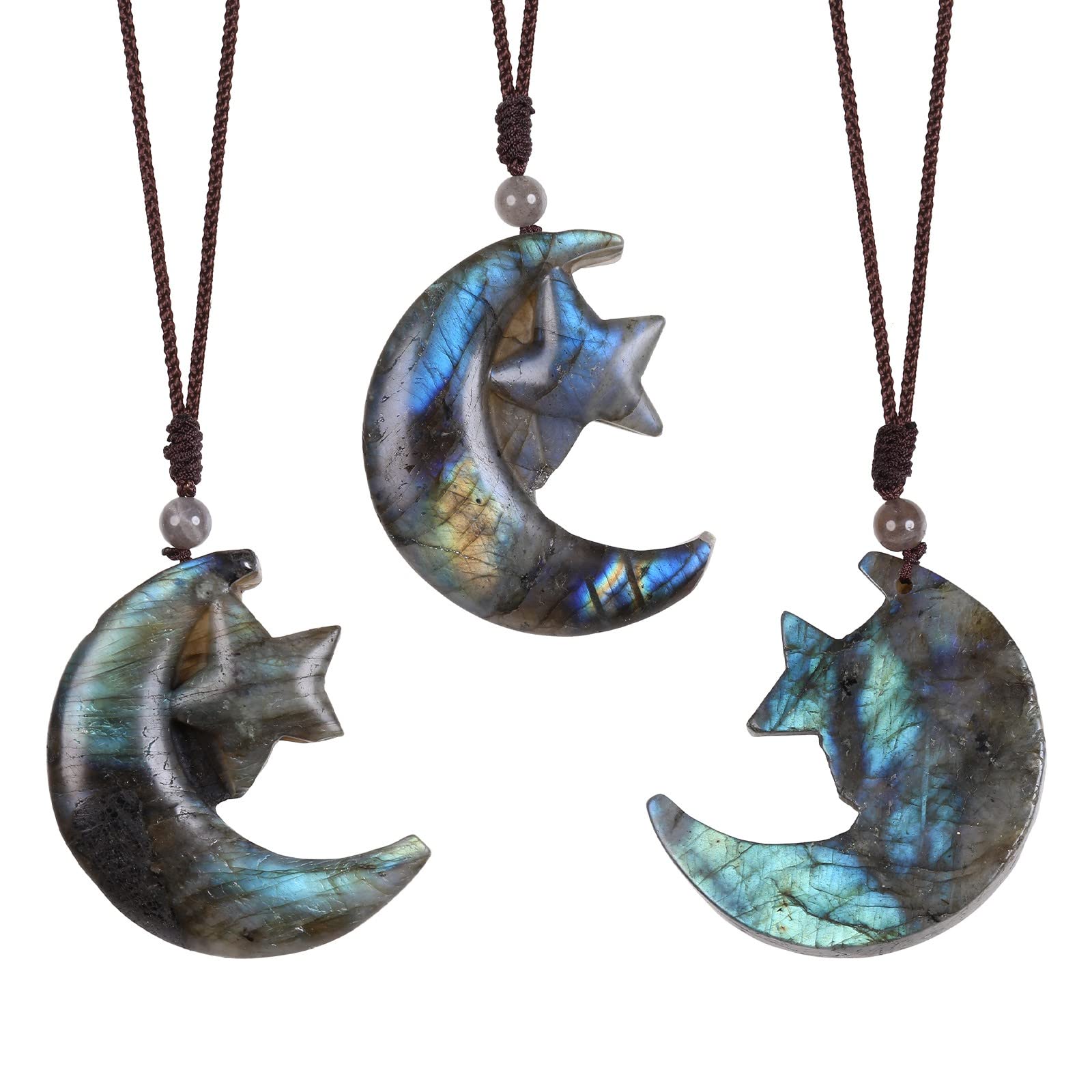 KYEYGWO Natural Labradorite Pendant Necklace with Adjustable Cord, Crystal Star Moon Necklace Gothic Jewellery Gifts for Men Women - Image 4