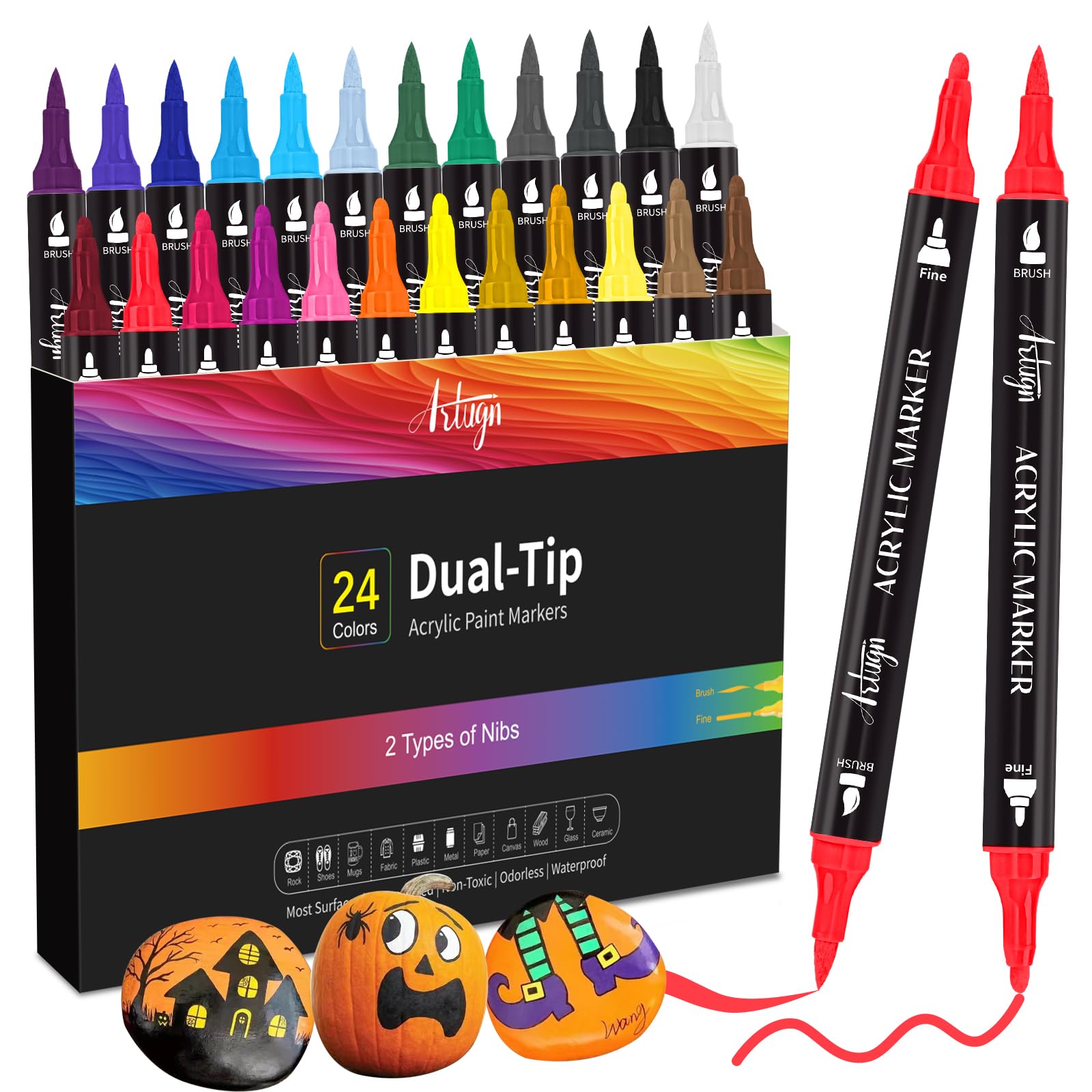 Artugn 24 Colors Acrylic Paint Pens, Dual Tip Pens With Medium Tip and Brush Tip for Rock Painting, Ceramic, Wood, Plastic, Calligraphy, Scrapbooking, Brush Lettering, Card Making, DIY Crafts