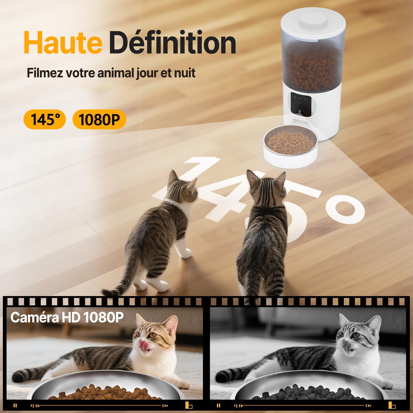 Distributeur Croquettes Chat Automatique, WiFi Caméra, Bol Inoxydable, Programmable & Portionnée, Batterie de Secour - PF5 Noir - Deux Gamelles 2K DIY Zone d’Alerte