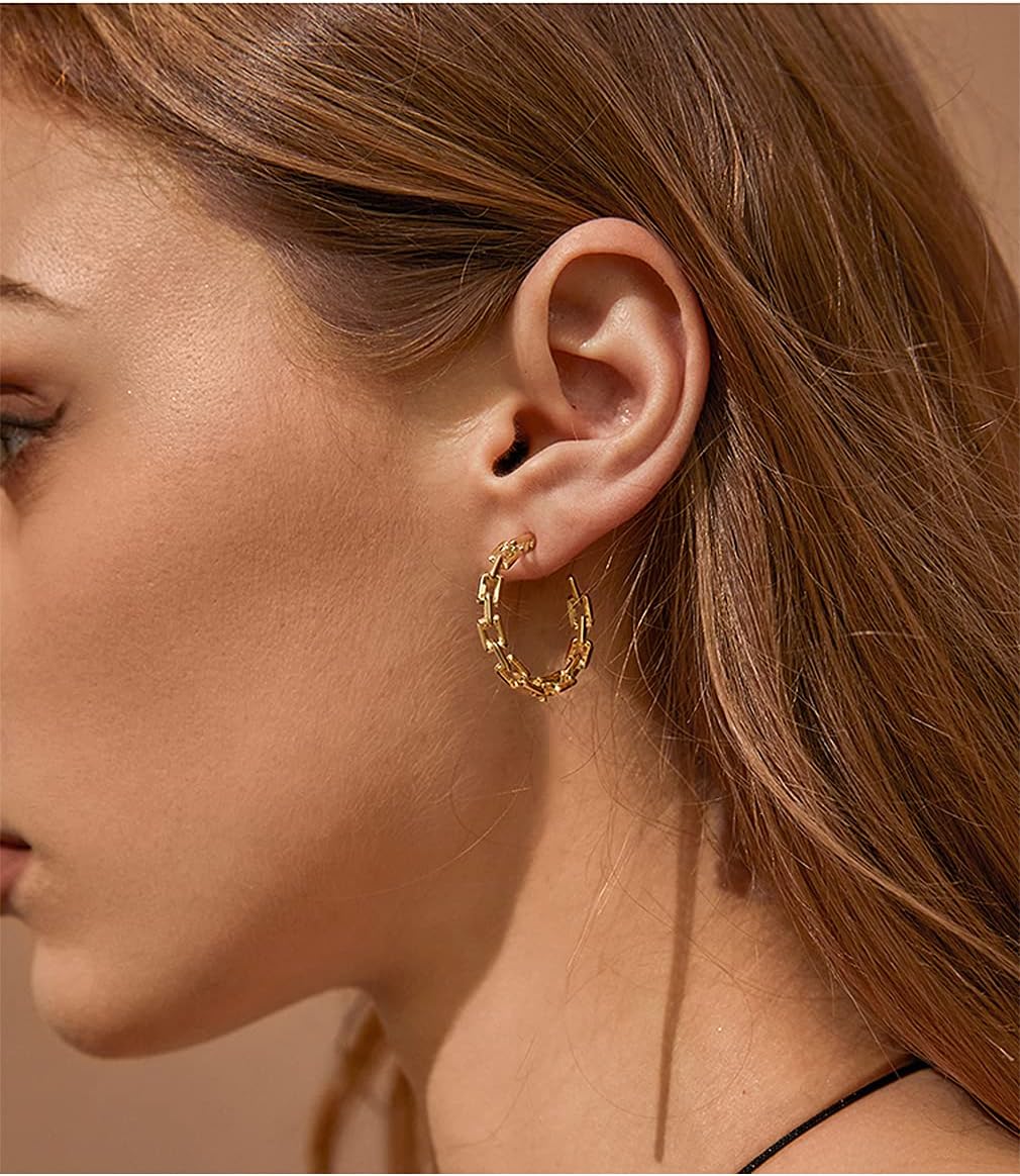 Hoop Earrings for Women - Chain Hoop Earrings Gold/White Gold - Link Hoop Stud Earrings