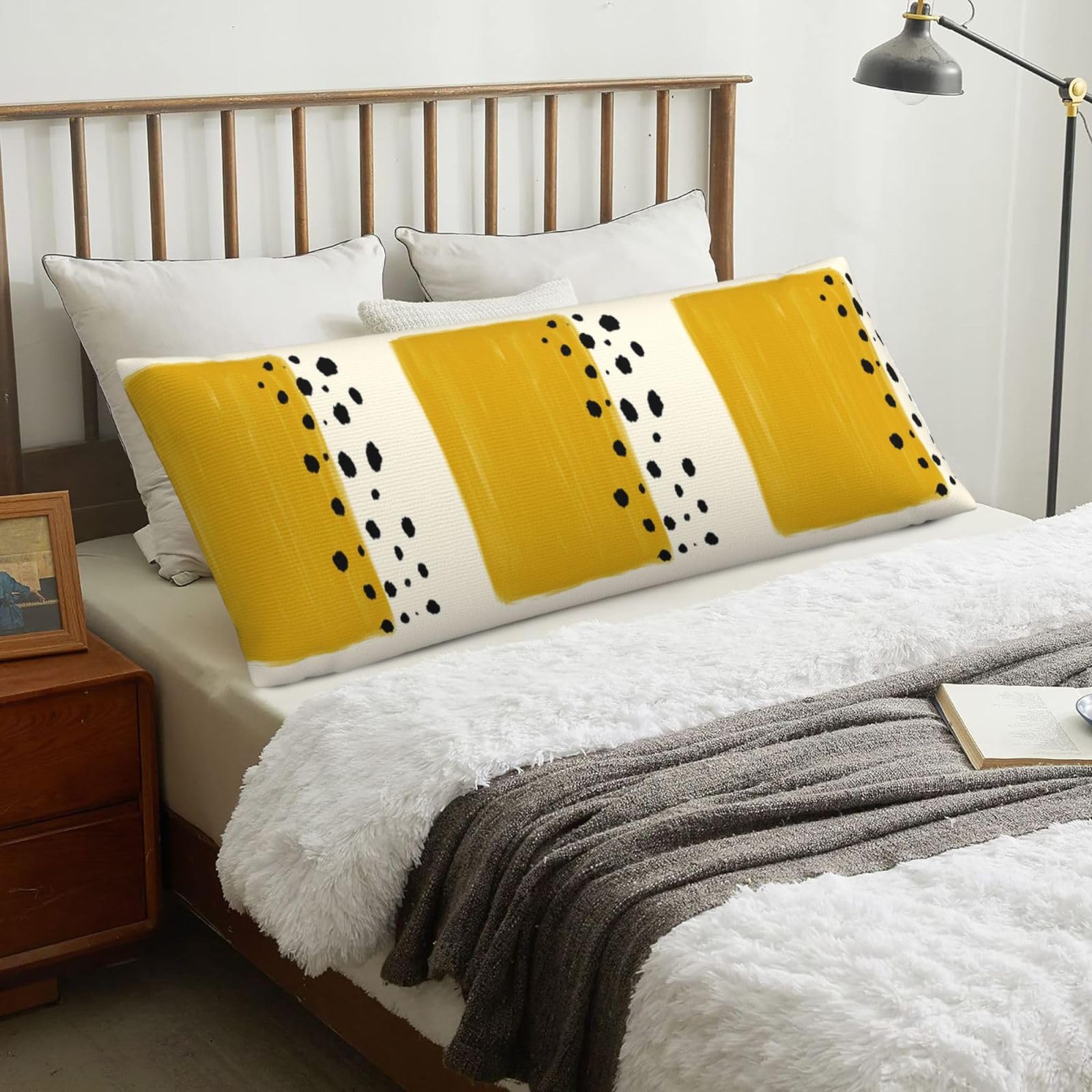 Mustard Yellow And Black Printed, Body Pillow Cover with Zipper,Long Body Pillowcase 20 x 60 in