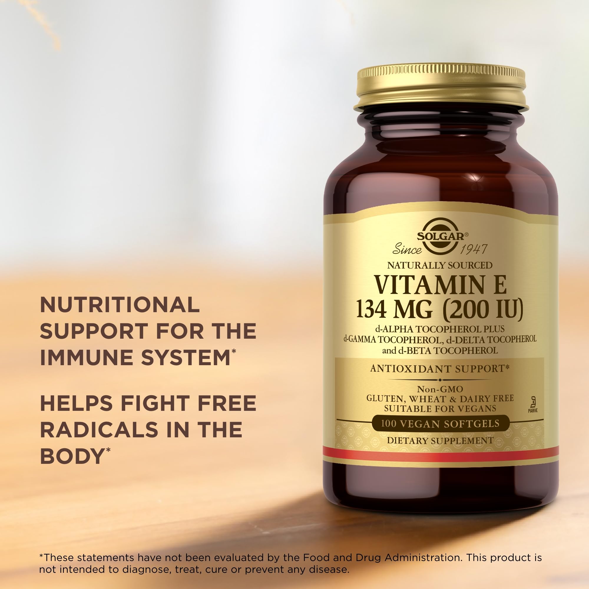 Solgar, Naturally Sourced Vitamin E, Suplemento Alimenticio que Apoya al Sistema Cardiovascular e Inmunológico, Con Vitamina E, Para Hombre y Mujer, 100 Cápsulas