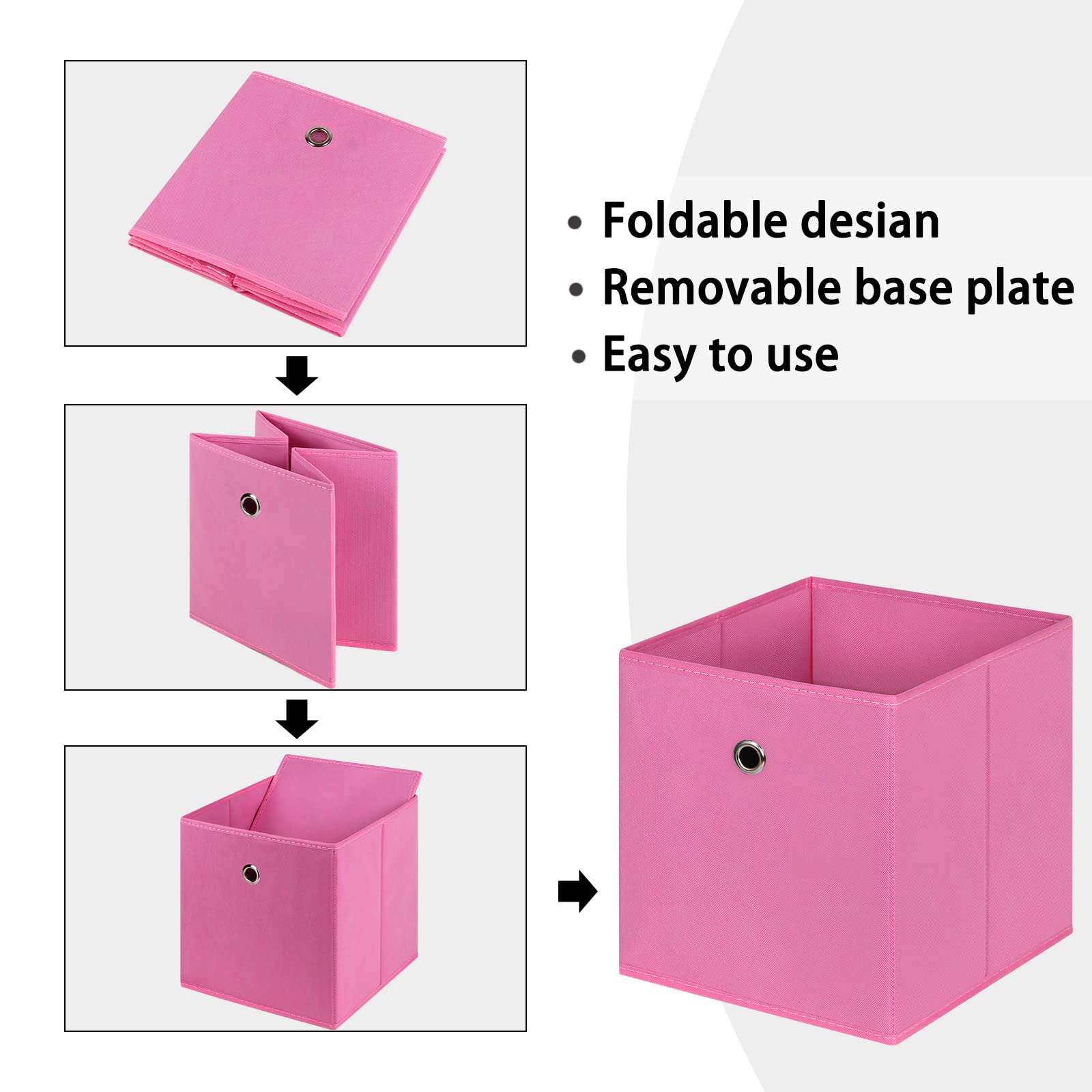 Cubos de almacenamiento plegables, cubos de almacenamiento de tela de 11 pulgadas, cestas organizadoras con asas dobles para el hogar, juego de 6 (rosa)