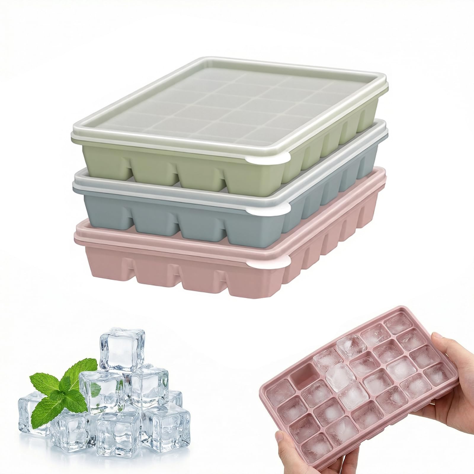 3 Pack Ice Cube Tray with Lids, Stackable Silicone Ice Cube Moulds