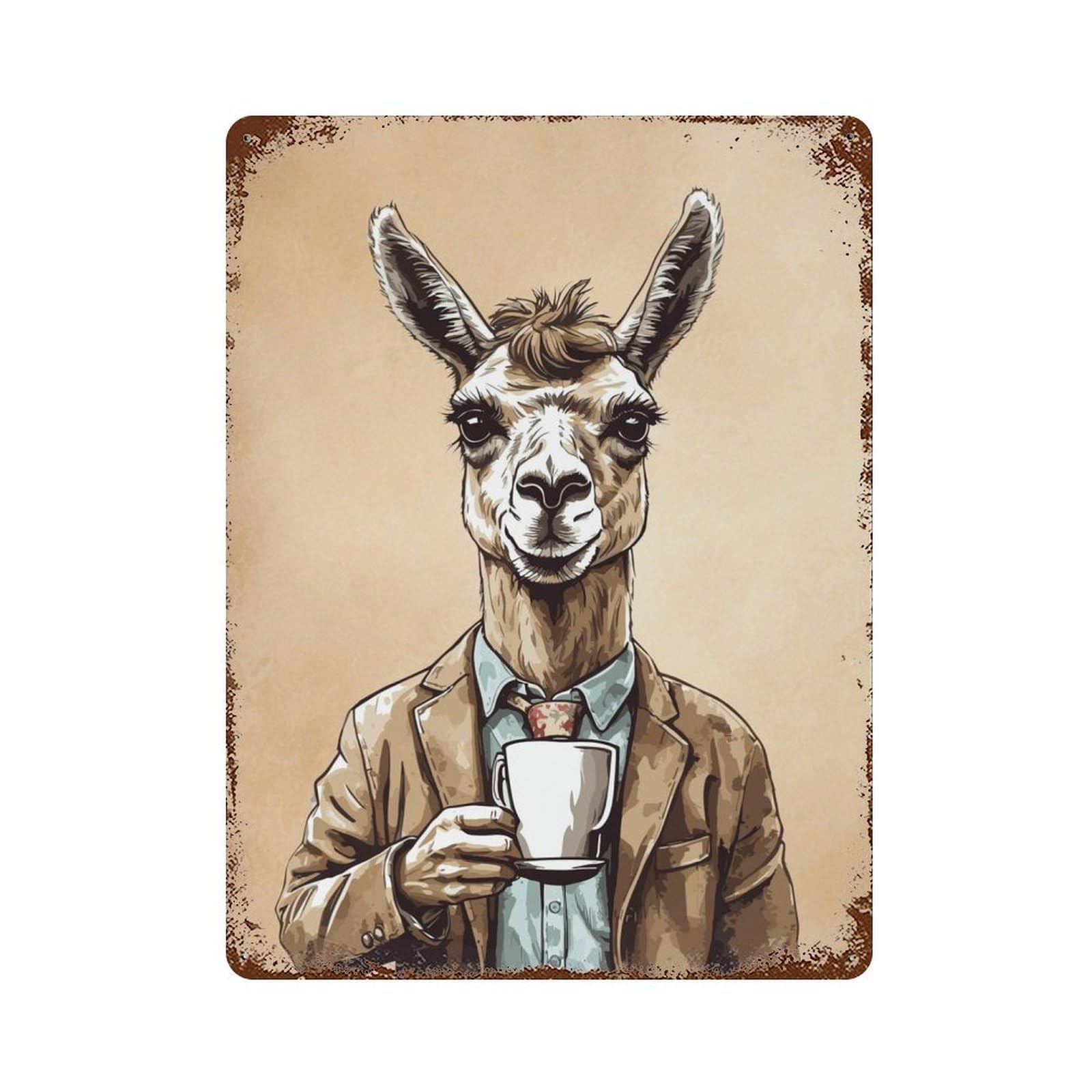 Coffee Llama 15.7"x11.8" Rusty Metal Tin Sign, Novelty Wall Decor for Cafe, Home Bar And Lounge Decor