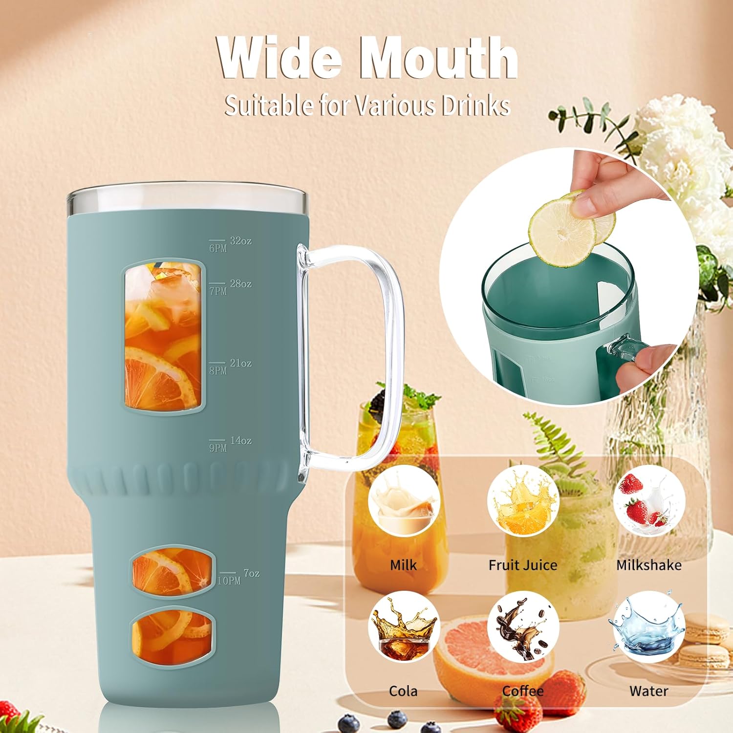 Glass Water Tumbler with Straw and Lid, 32 oz Water Bottle with Handle,Bamboo Lid & Stainless Steel Straw, Portable for Car Holder, Office, Outdoor, Gym - Image 5