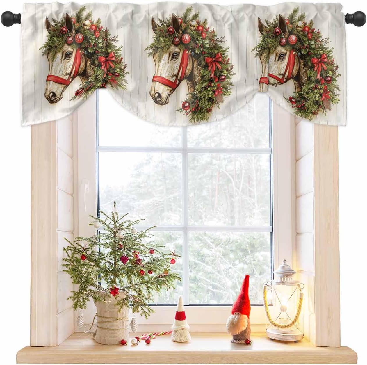 Christmas Curtain Valances for Window, Western Horse Wreath Xmas Ball Wood Grain Kitchen Window Treatment Valances, Rod Pocket Tie Up Balloon Curtain Decor for Living Room Bedroom Cafe 54"x18"