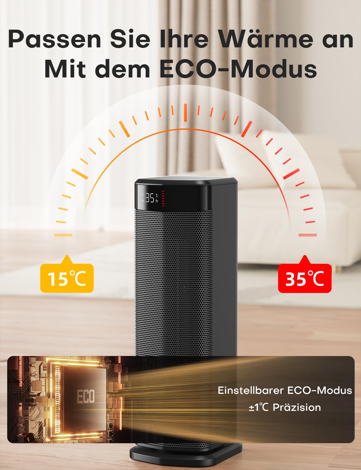 QEXREED Heizlüfter, 2000W PTC Heizlüfter Energiesparend, 4 Modi, ECO-Modu, Thermostat, 90°-Oszillation, 24H Timer, Fernbedienung, Kipp- und Überhitzungsschutz für Innenräume