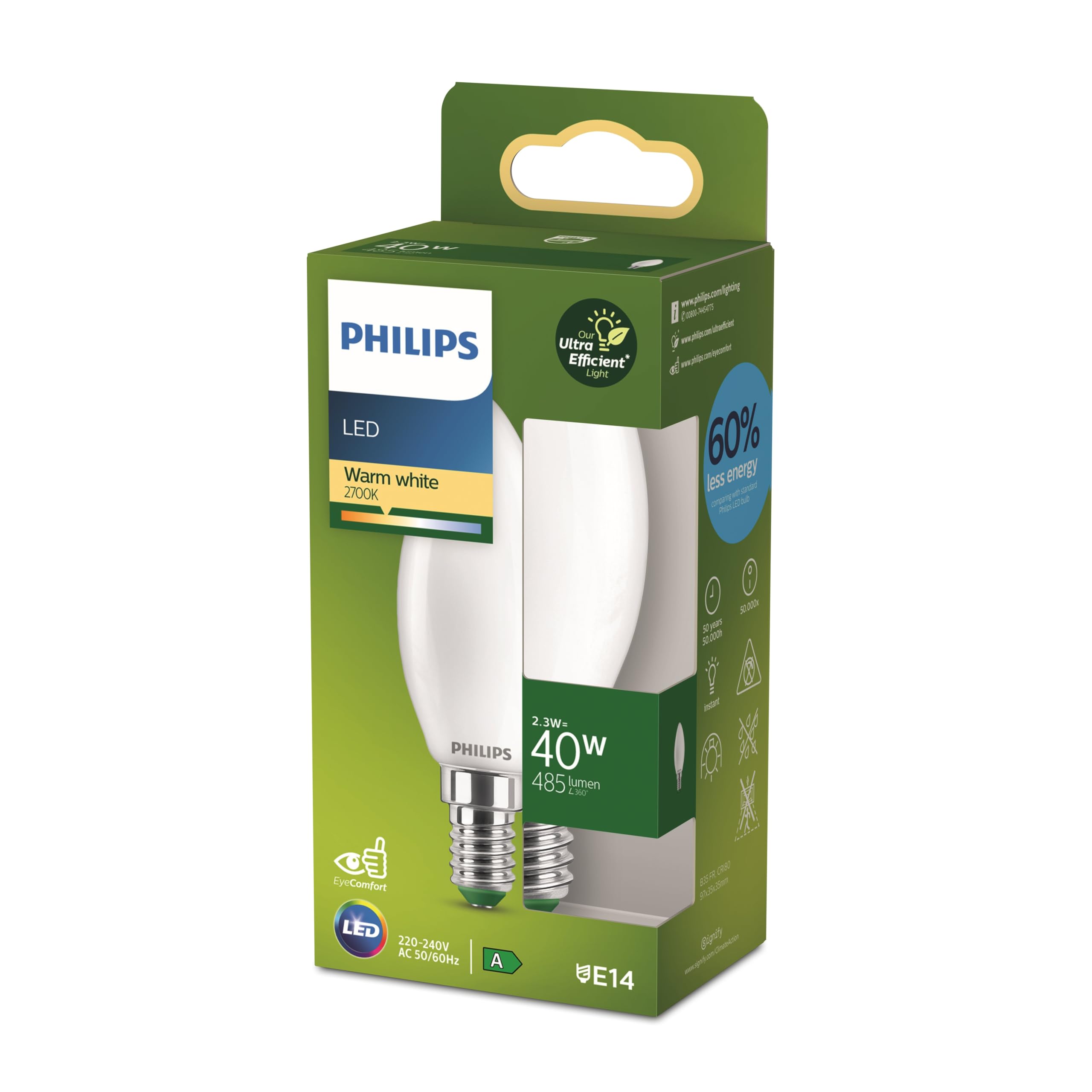 Philips Classic ultra-efficient LED bulb with energy efficiency class A, E14 base, replaces 40W, frosted, warm white light, candle shape, pack of 1