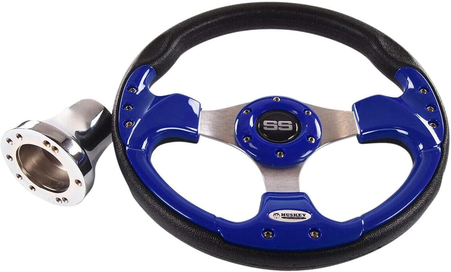 Huskey 12.5Inch Cobalt Blue Steering Wheel For Ezgo Golf Carts with Polyurethane Grip,SS Logo & Stylish Aluminum Horn Button,Includes a 5/6 Hole Pattern Carbon Steel Hub Adapter with Chrome Finish