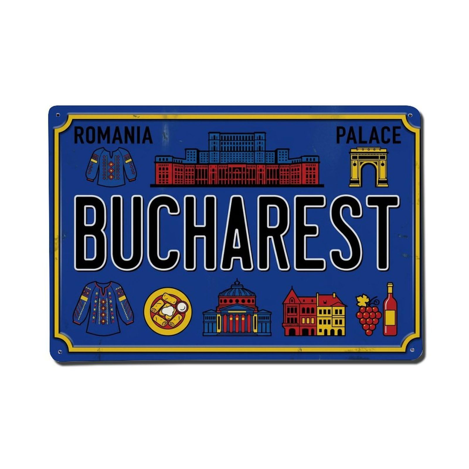 Xanthor Style Vintage Travel Bucharest Romania Palace Parliament Metal Tin Sign