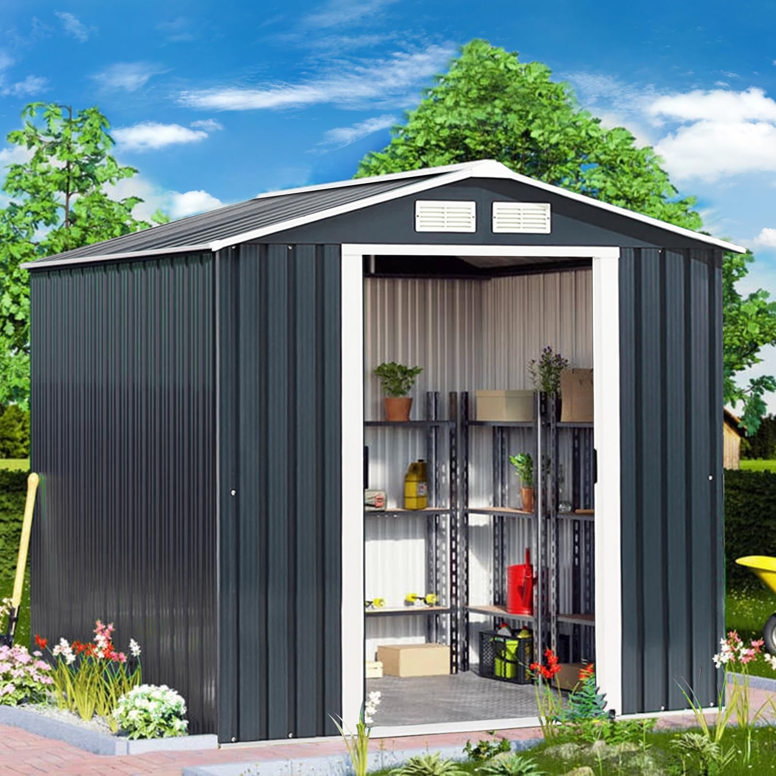 Abri De Jardin En Acier Galvanisé 5,3 M³ - 3 Portes, Toit Incliné, Serrure, 235x174x197 Cm - 5