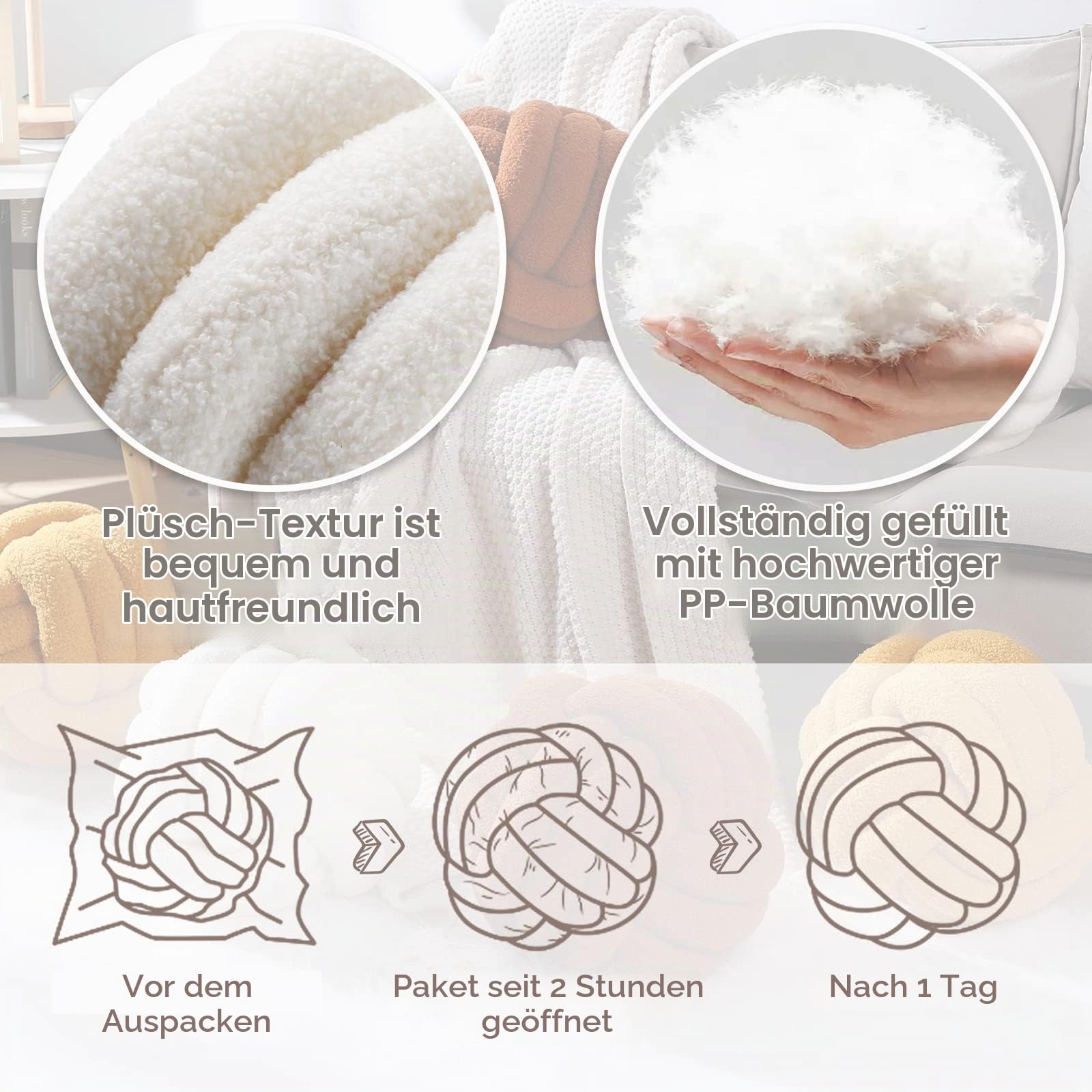 Namalu 2 Stück Knotenkissen 28 cm Aesthetic Kissen Deko Kissen Groß Beige Knoten Dekokissen Runde Wurfkissen Bouclé Dekokissen für Bett Sofa Couch Boden