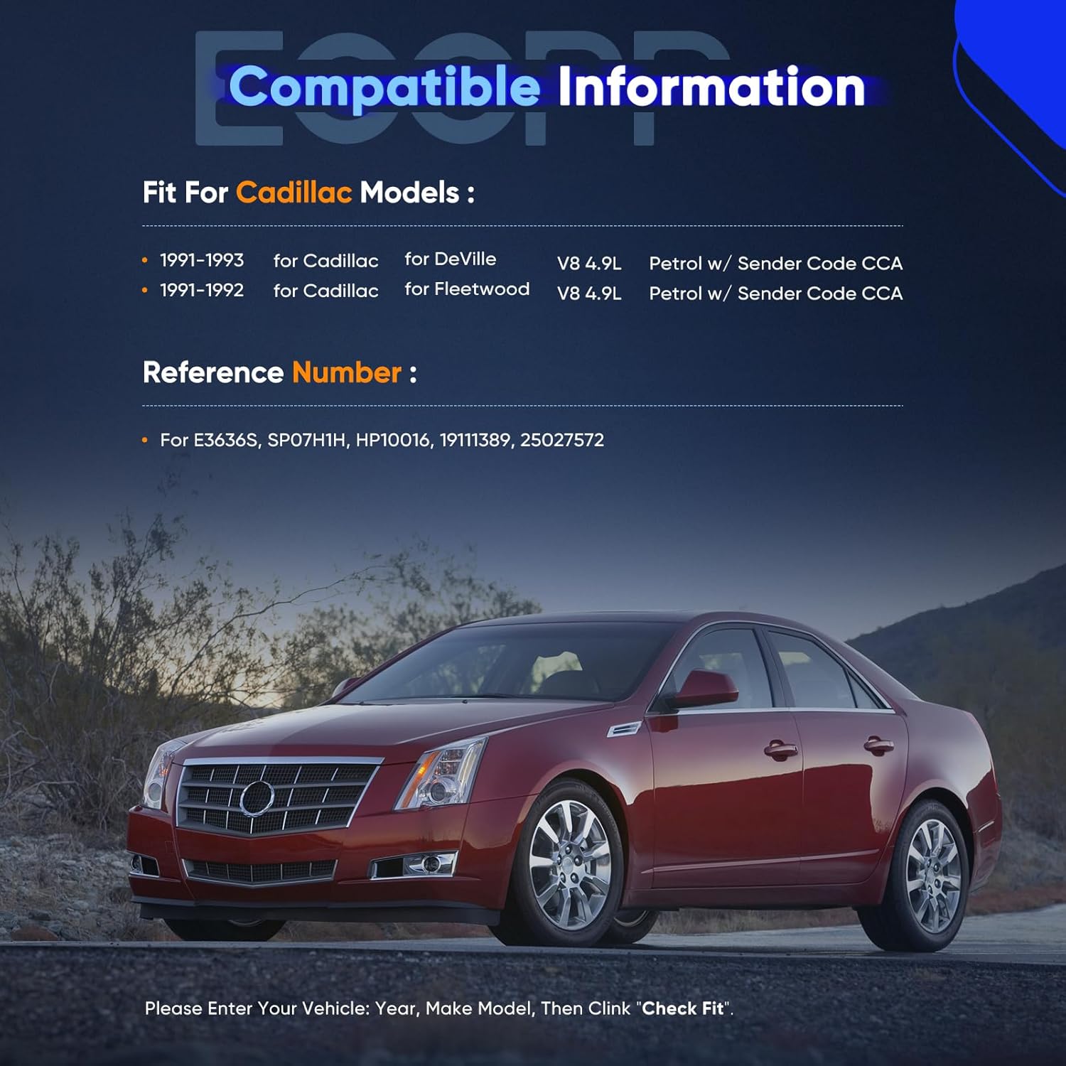 ECCPP Fuel Pump Assembly E3636S Compatible with Cadillac DeVille 1991-1993 V8 4.9L, 1991-1992 for Cadillac Fleetwood V8 4.9L, Petrol w/Sender Code CCA, Replaces SP07H1H, HP10016, 19111389, 25027572