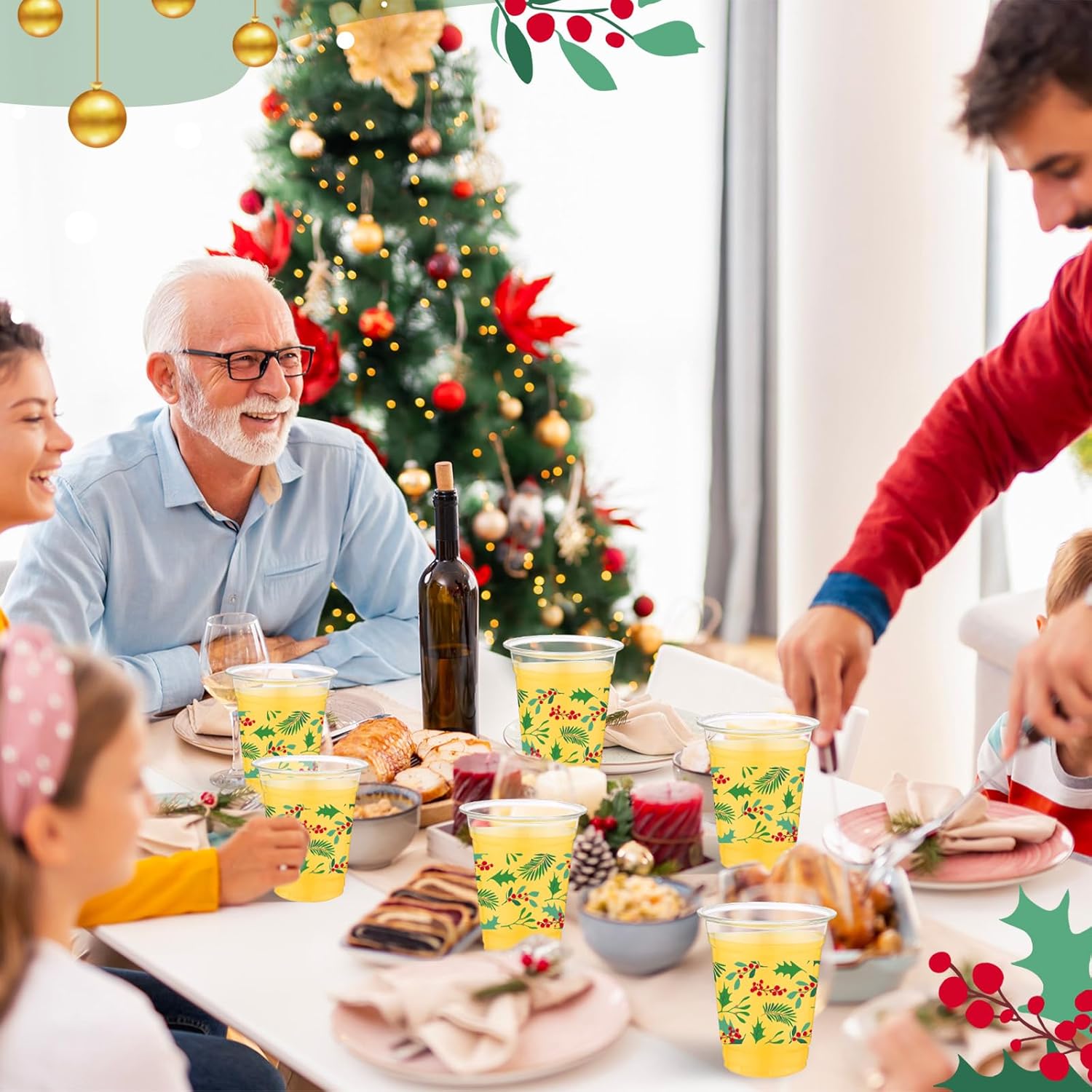 60 Pack Christmas Plastic Cups 12 oz Seasonal Holly Leaf Disposable Clear Plastic Drinking Cups for Xmas Christmas Winter Holiday Party Decoration Supplies - Image 5