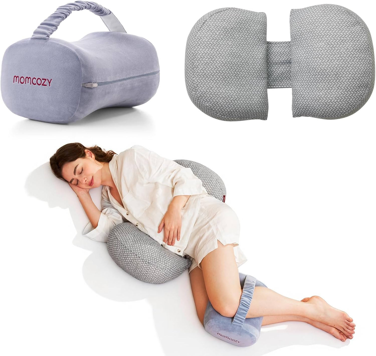 Momcozy Pregnancy Support Set: W-Shaped Pregnancy Pillow & Knee Pillow for Side Sleepers, Adjustable Straps, Soft Memory Foam for Back, Hip, Leg Pain Relief