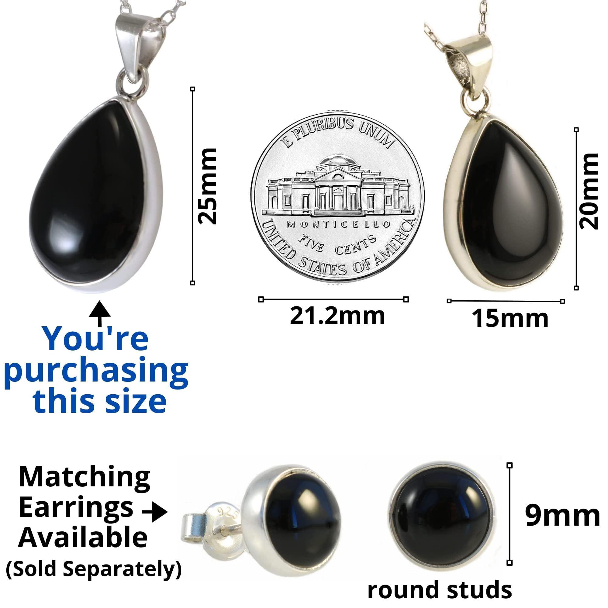 Handgefertigtes Sterling Silber 925 Schwarzer Onyx Tropfenförmiger Anhänger 18x25mm Halskette mit 45+5cm Kette