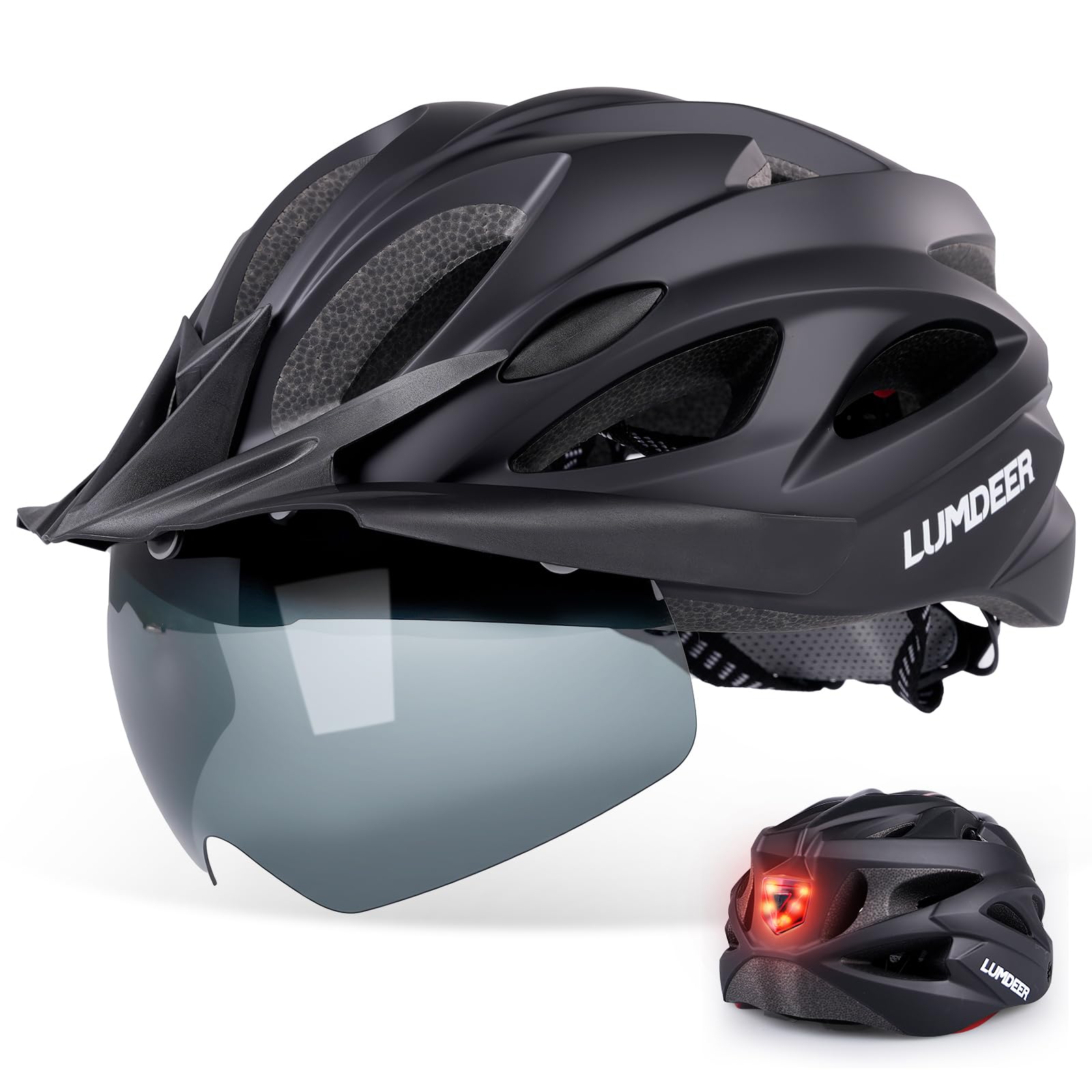 LUMDEER Kask rowerowy dla dorosłych do jazdy na rowerze i dojazdów do pracy, z tylnym światłem LED, magnetycznymi goglami, zdejmowaną osłoną przeciwsłoneczną, kask rowerowy górski i szosowy, dla