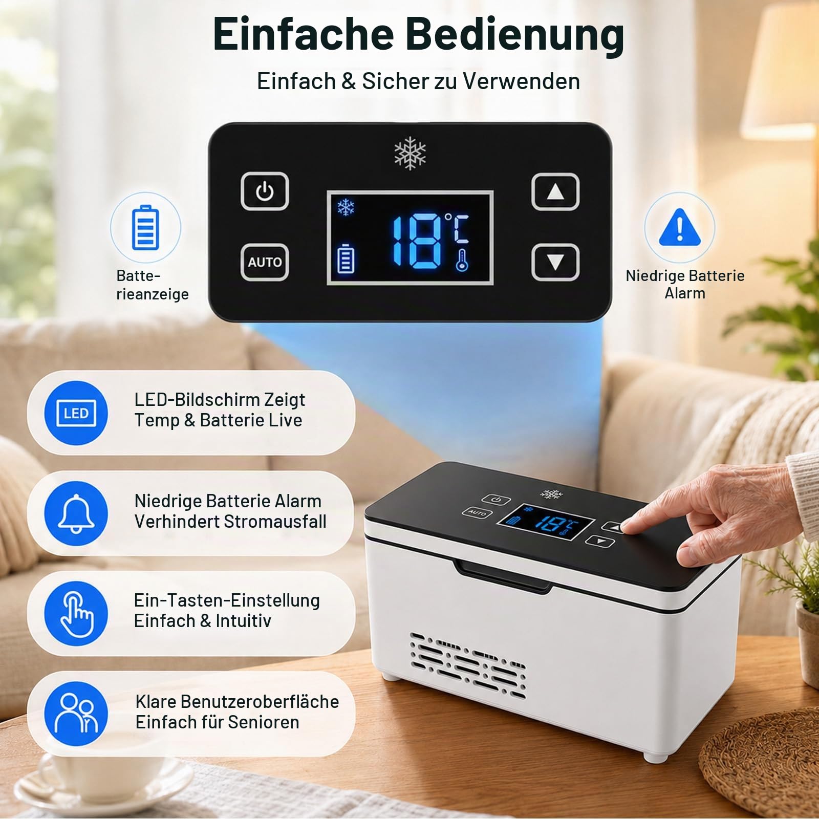 Akku Tragbare Kühlbox Elektrisch, Mini Medikamenten Kühlbox für Insulin & Peptide, LED-Anzeige 0-18°C Einstellbar, Mit Zwei 10600mAh Akkus für Zuhause Reisen Auto
