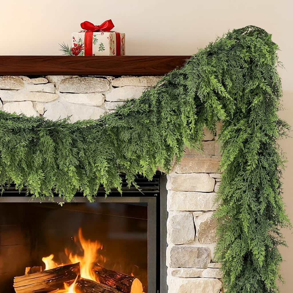 Cedar Garland 9FT Christmas Garland Real Touch Garland Artificial Realistic Greenery Cypress Pine Garlands for Mantle, Fireplace, Stairs,Table, Doorframe Vintage Outdoor Indoor Christmas Decorations 9 FT