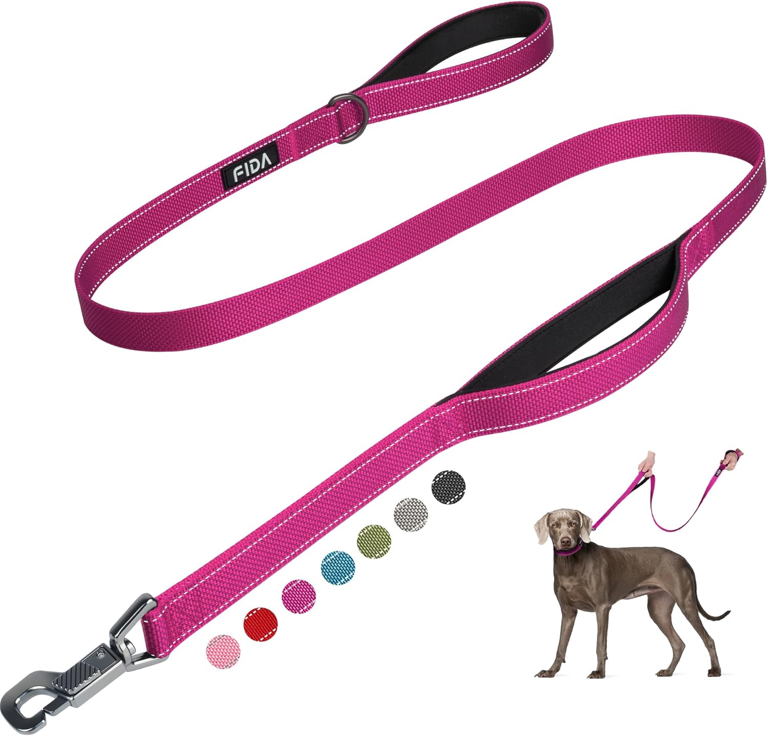 Fida 4FT Heavy Duty Reflective Dog Leash with Padded Handles, Traffic Handle & Easy Snap Hook - Rose, All Breeds