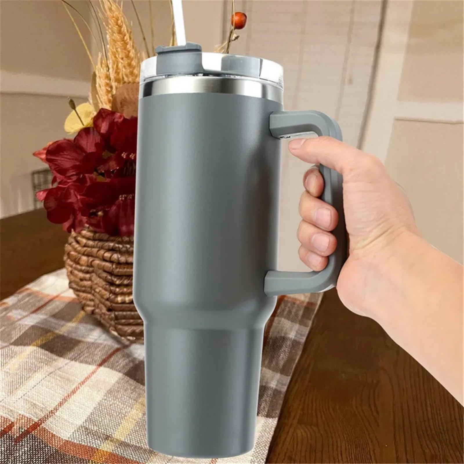 Taza pajita para coche,Taza con pajita y asa Vaso de 40 onzas con asa, taza aislada con tapas de paja, taza de acero inoxidable, frascos de vacío for coche, botella (Size : 40oz (1200ml), Color : Bl