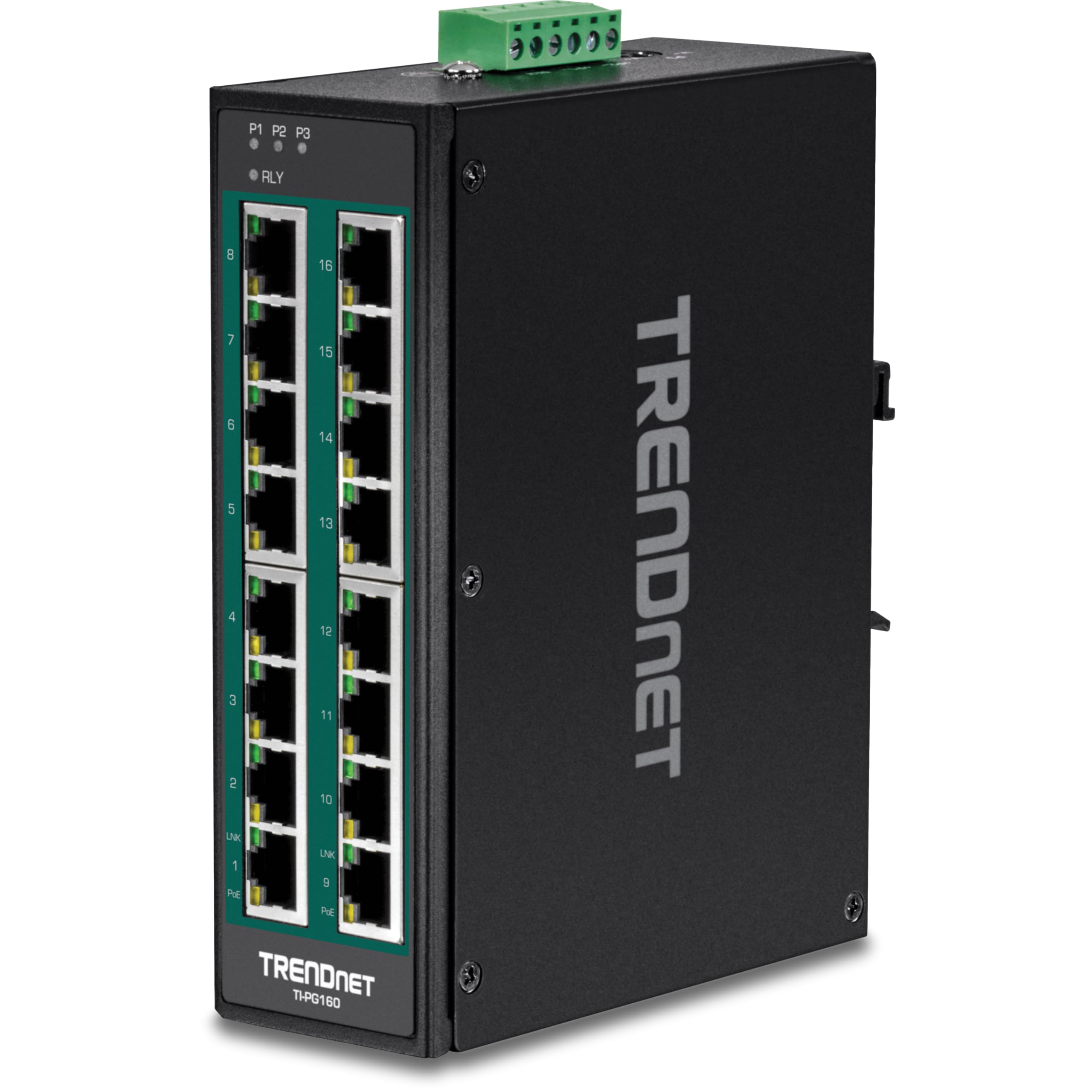 TRENDnet 16-Port Hardened Industrial Unmanaged Gigabit 10/100/1000Mbps DIN-Rail Switch w/ 16 Gigabit PoE+ Ports, Lifetime Protection, TI-PG160
