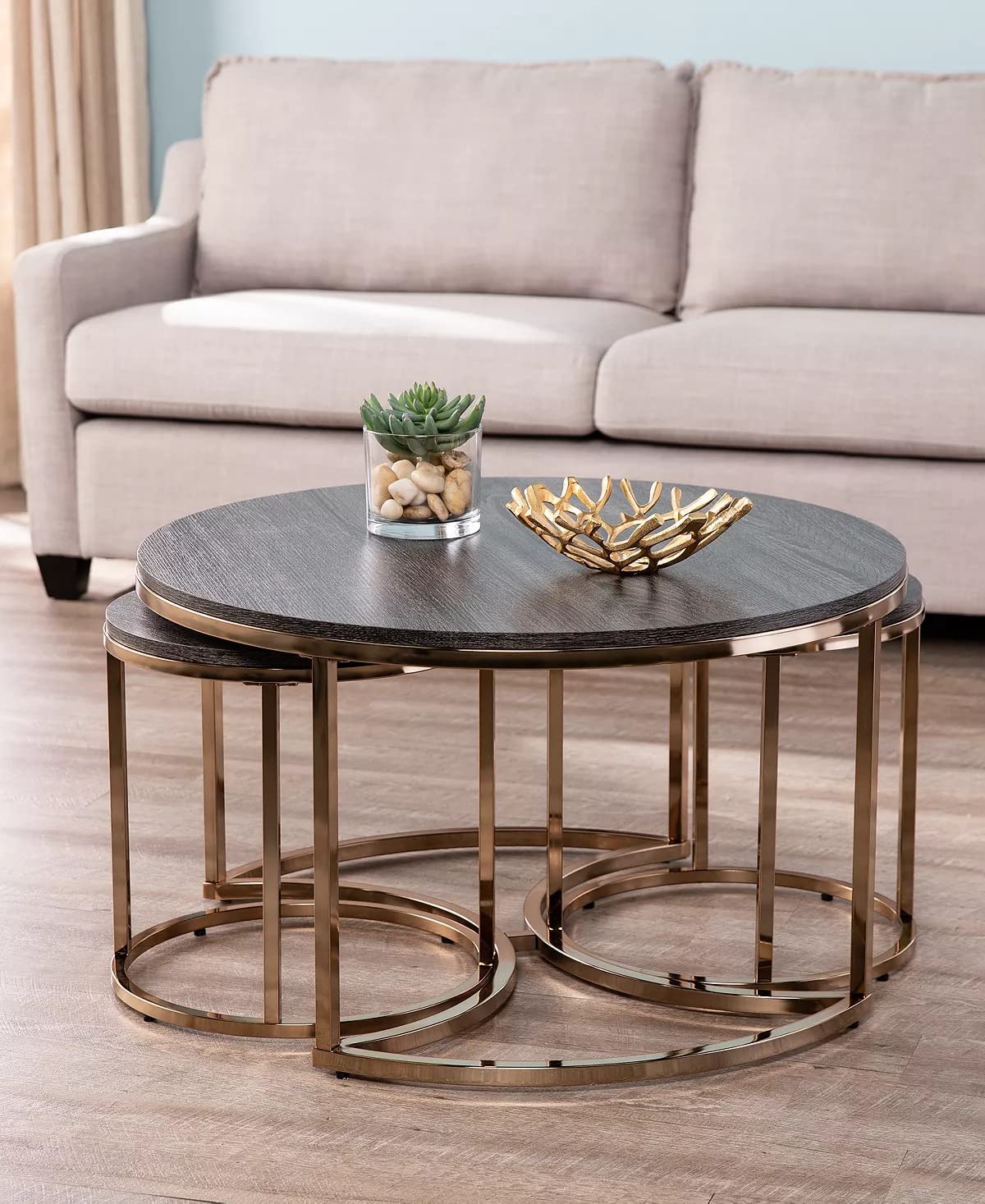 EXPRESSOW ENTERPRISES Round Coffee Table Set of 3, Modern Nesting Stacking Center Table with Sturdy Metal Frame and Marble Look for Living Room, Bedroom or Apartments (Gold&Walnut) (B0D7W1TFSJ) Amazon Price History, Amazon Price Tracker