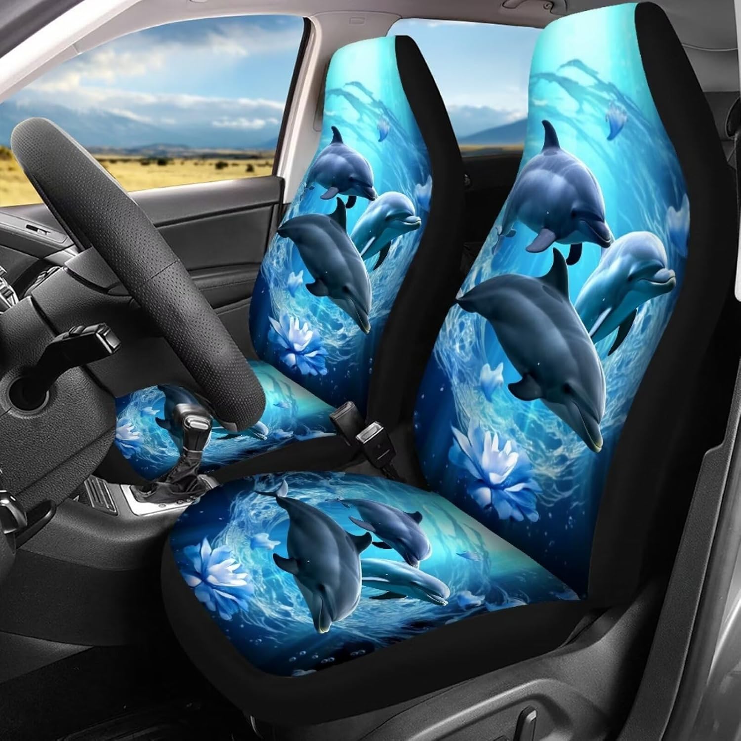 ZFRXIGN Flower Dolphin Car Seat Covers for Women Sedan Trunk SUV Interior Accessories High Back Seat Cover Set of 2 Ultra-Soft Universal Fit Tropical Hibiscus Floral