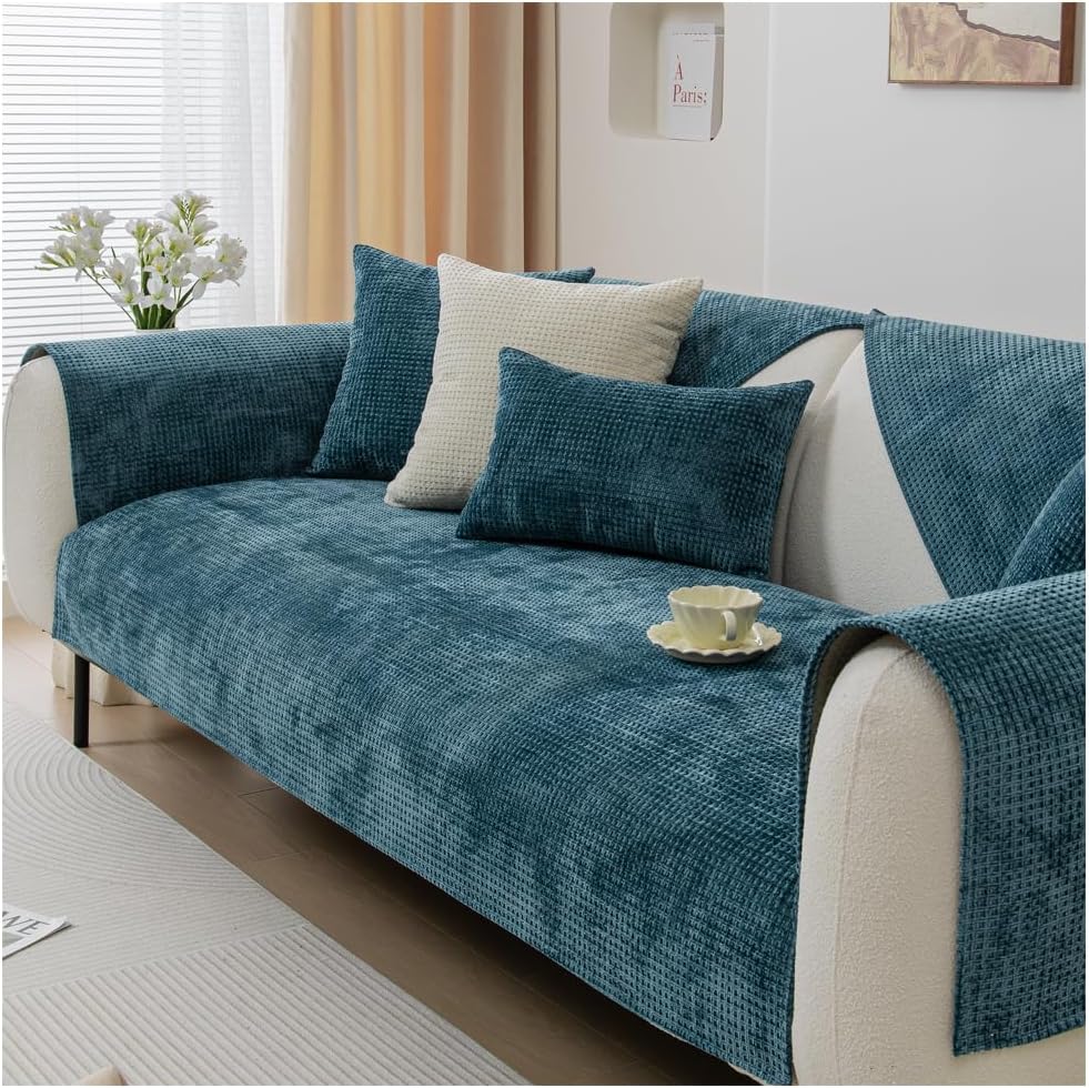 – Soft Chenille Sofa Cover 1/2/3/4 Seater, Universal Non-Slip L Shape Couch Cover, Thick Sofa Protector Quilted Corner Slipcovers Washable for Living Room (Blue-B, 70 * 210cm)