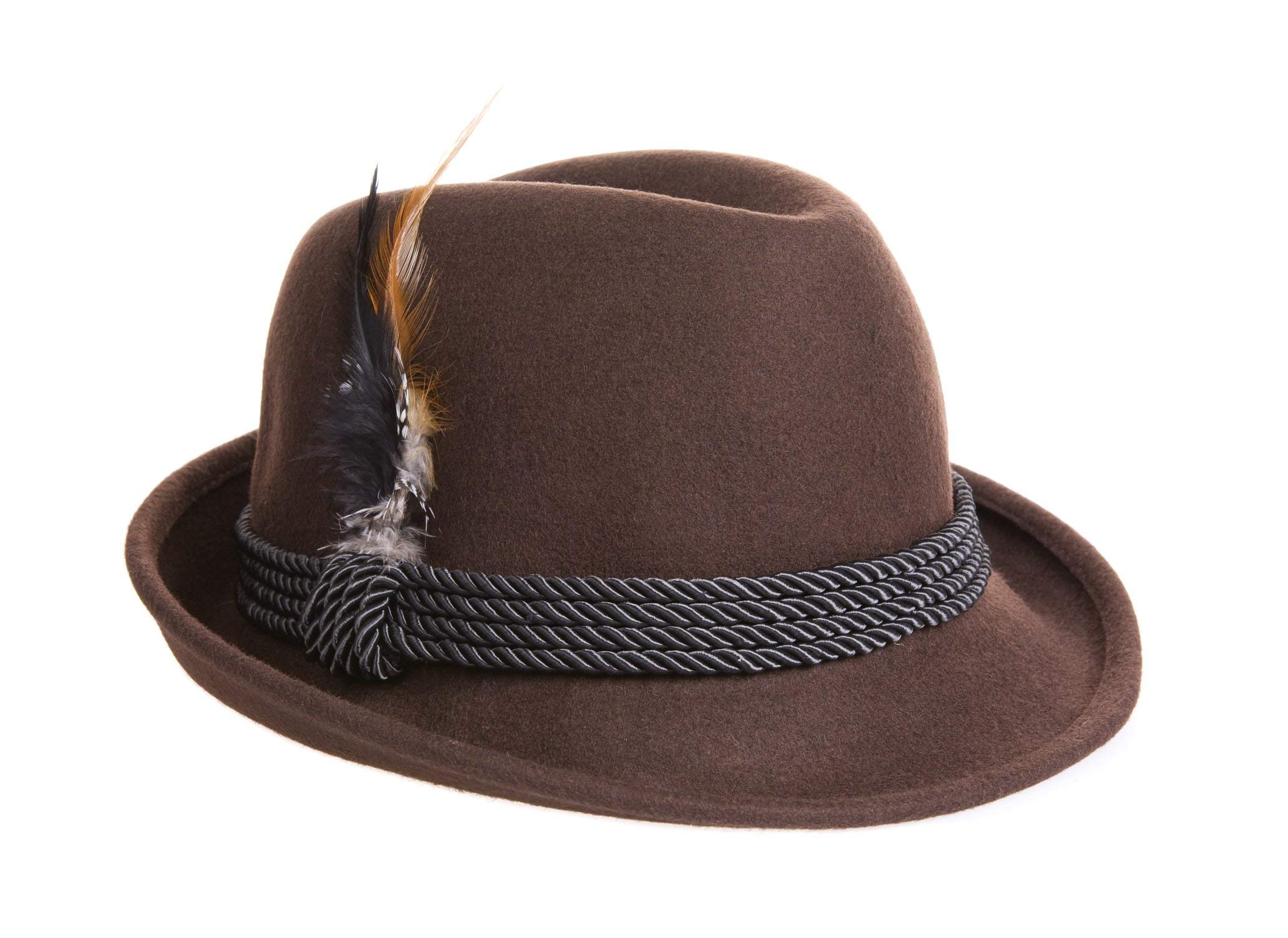 Alpine Holiday Oktoberfest Wool Bavarian Fedora Hat - Brown - Medium (7 to 7 1/8)