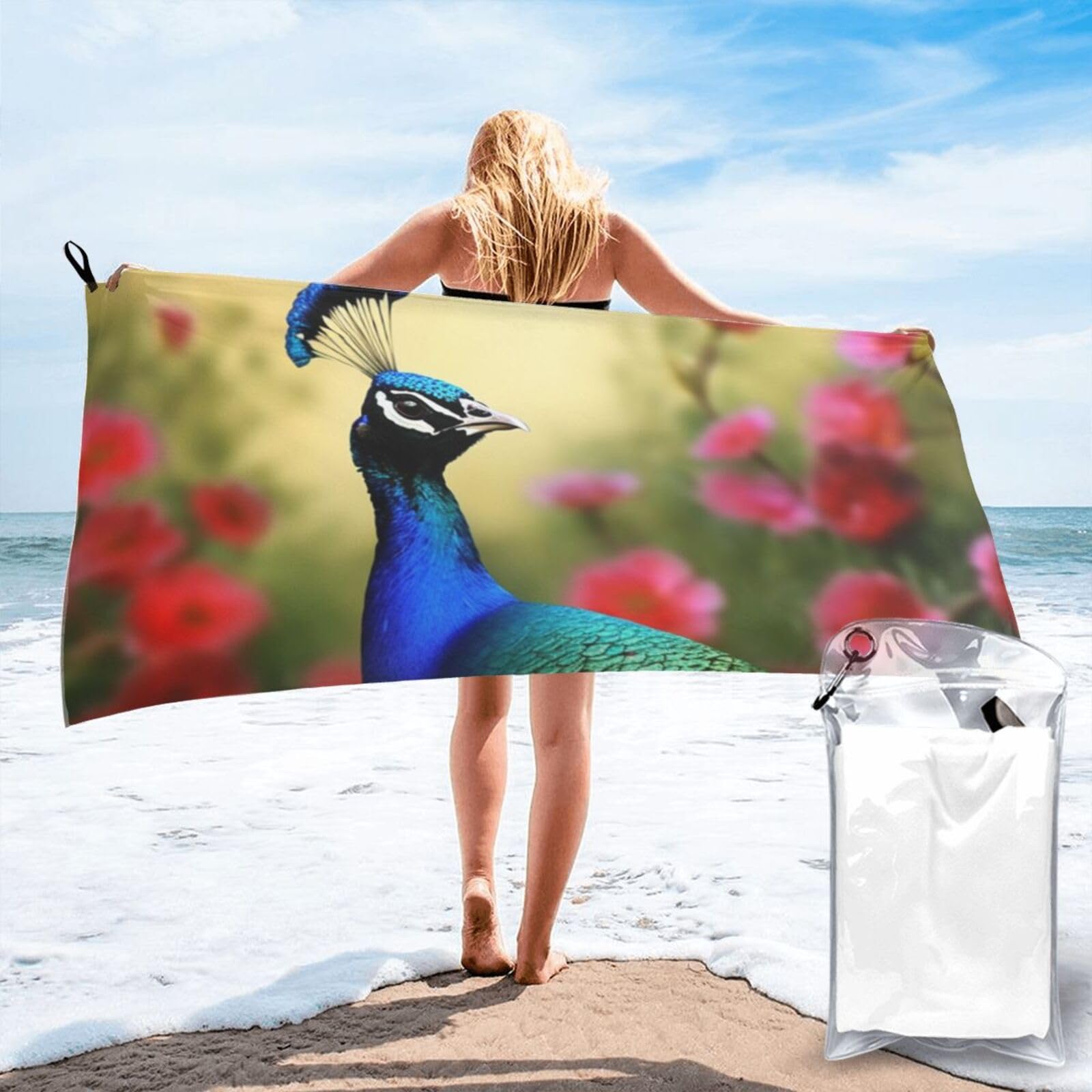 DWVTSLH Microfiber Sand Free Beach Towel 27.5"x55", Quick Dry Absorbent Travel Towel Large Camping Blanket, Peacock Flowers Bath Towels Lightweight Pool Swim Towels for Vacation Essentials
