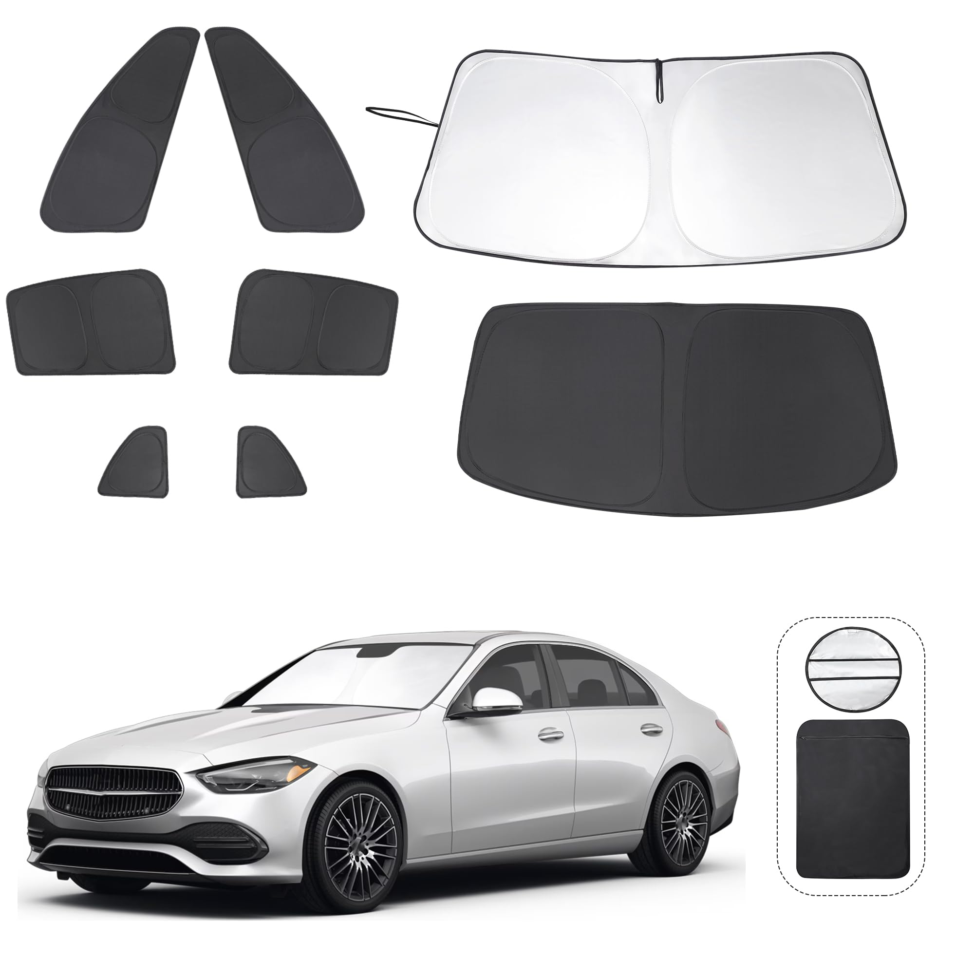 TINGLU Window Shades for Mercedes Benz C Class W205 C250 C300 C400 2015-2021 Accessories Side Full Windows Windshield Sun Shade Sun UV Rays & Privacy Protection for Camping,Napping,and Relaxing 8PCS