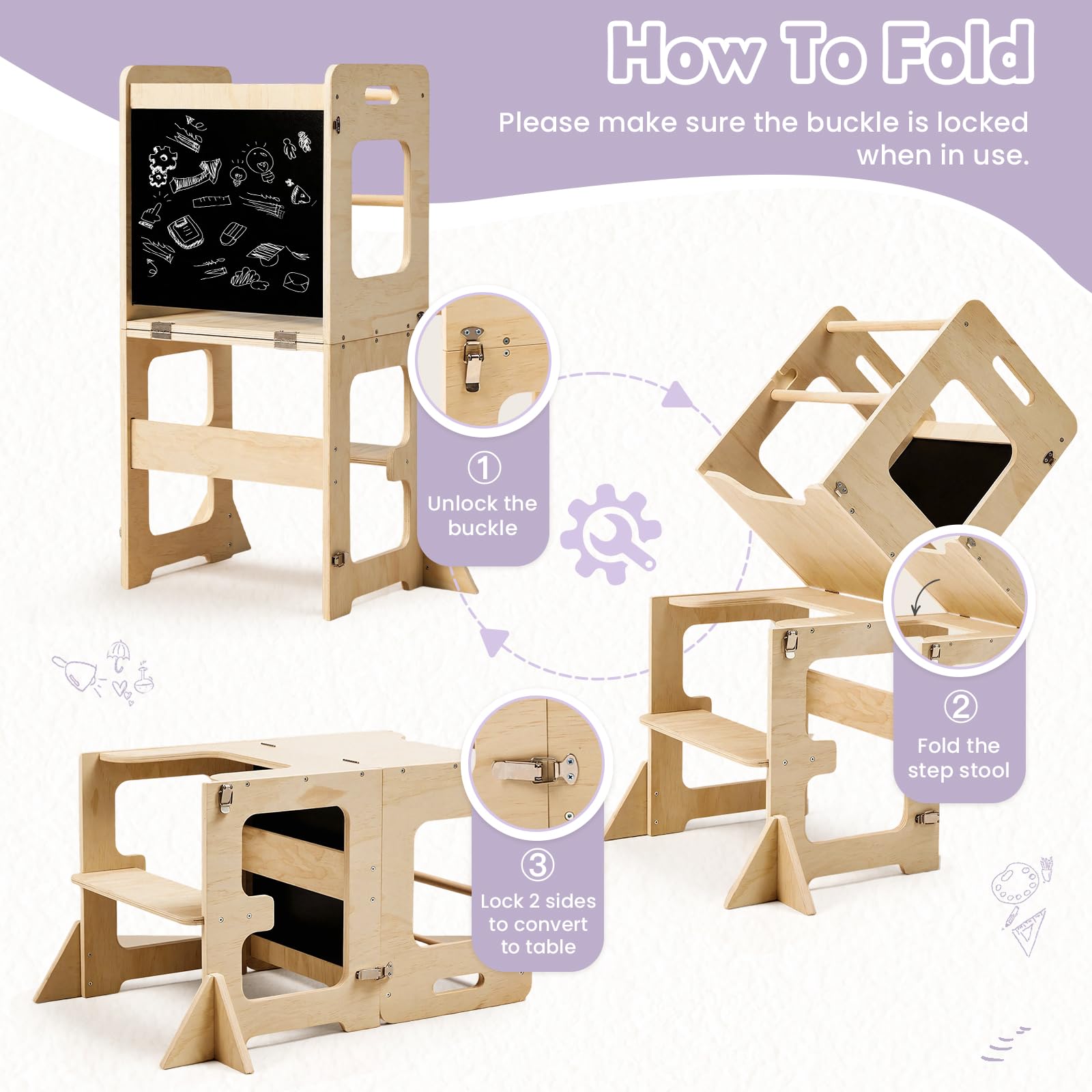 Labebe 4 in 1 Pieghevole Torre di Apprendimento Montessori per Bambini con Lavagna Nera Legno Anti-Ribaltamento 18 Mesi