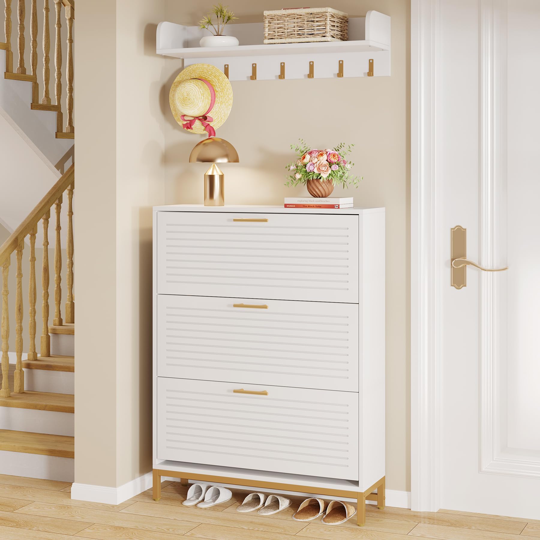 Modern Slim Cabinet With 2 Drawers, 3 Tier Wooden Shoe Storage, Air Hole Design, Pull Down Shoe Rack Storage Organizer Stand For Home Hallway, Bedroom, Hall, White (Size : Thin